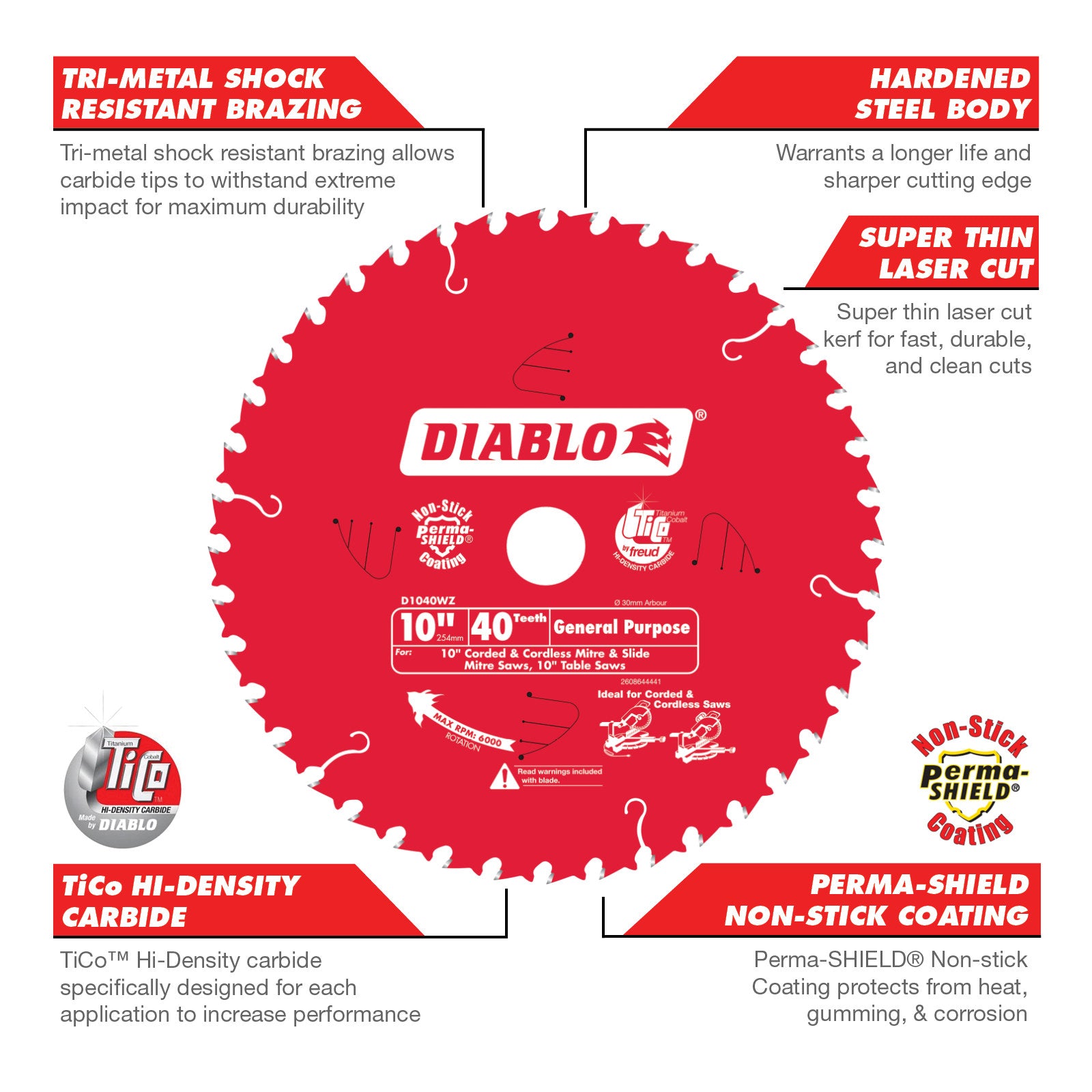 Diablo 245mm 40T General Purpose Circular Saw Blade 30mm Arbor