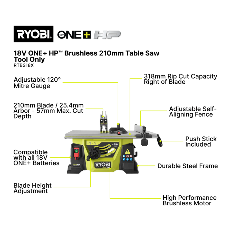 Ryobi One+ 18V HP Brushless 210mm Table Saw Tool Only RTBS18X