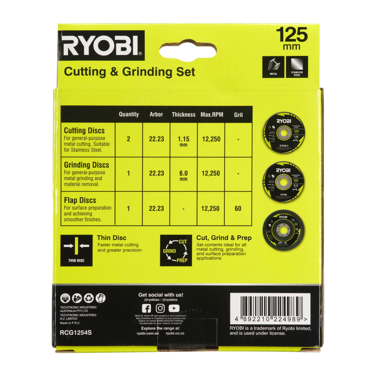 Ryobi 4 Piece 125mm Cutting and Grinding Set