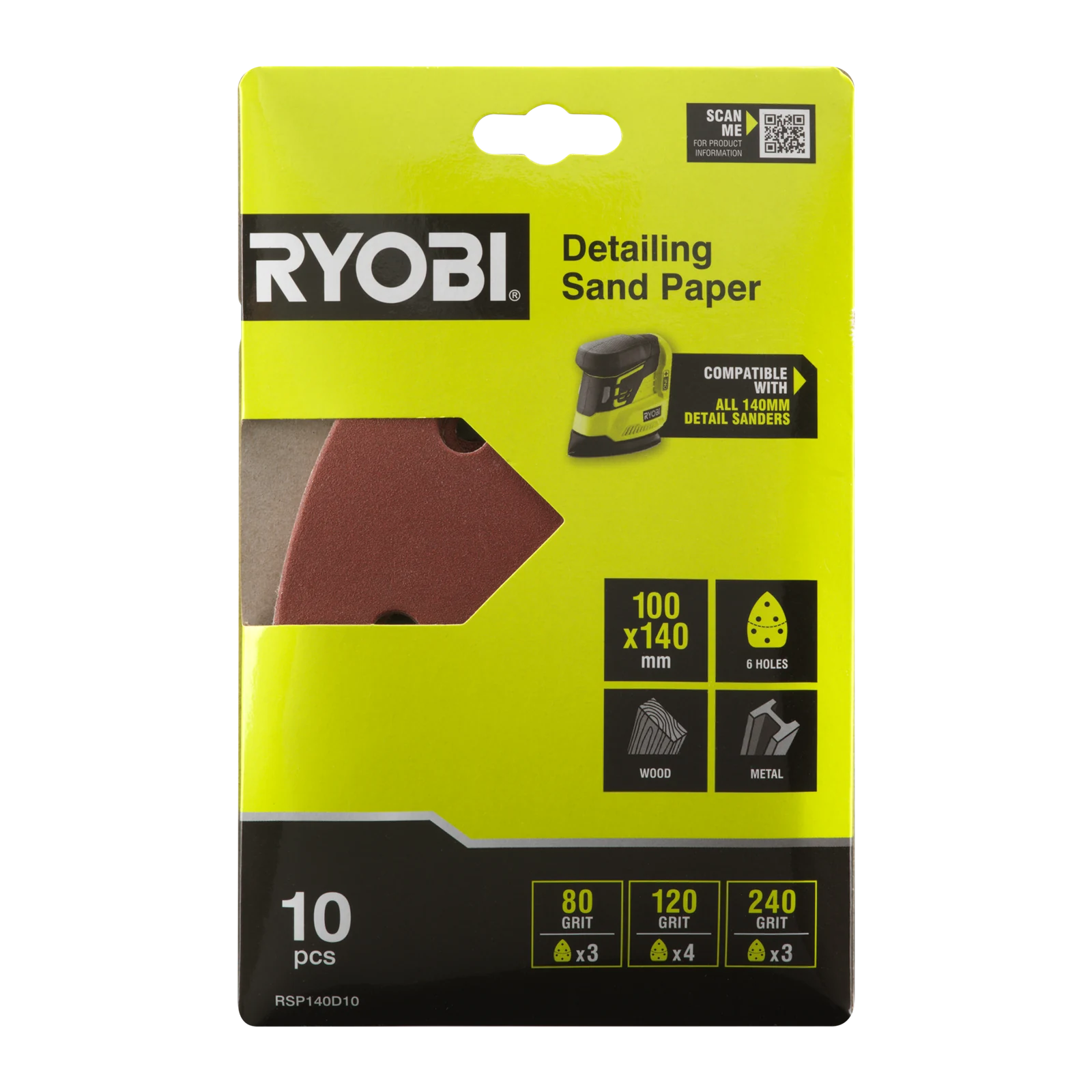 Ryobi 100 x 140mm 10 Piece Detail Sanding Sheet Set RSP140D10