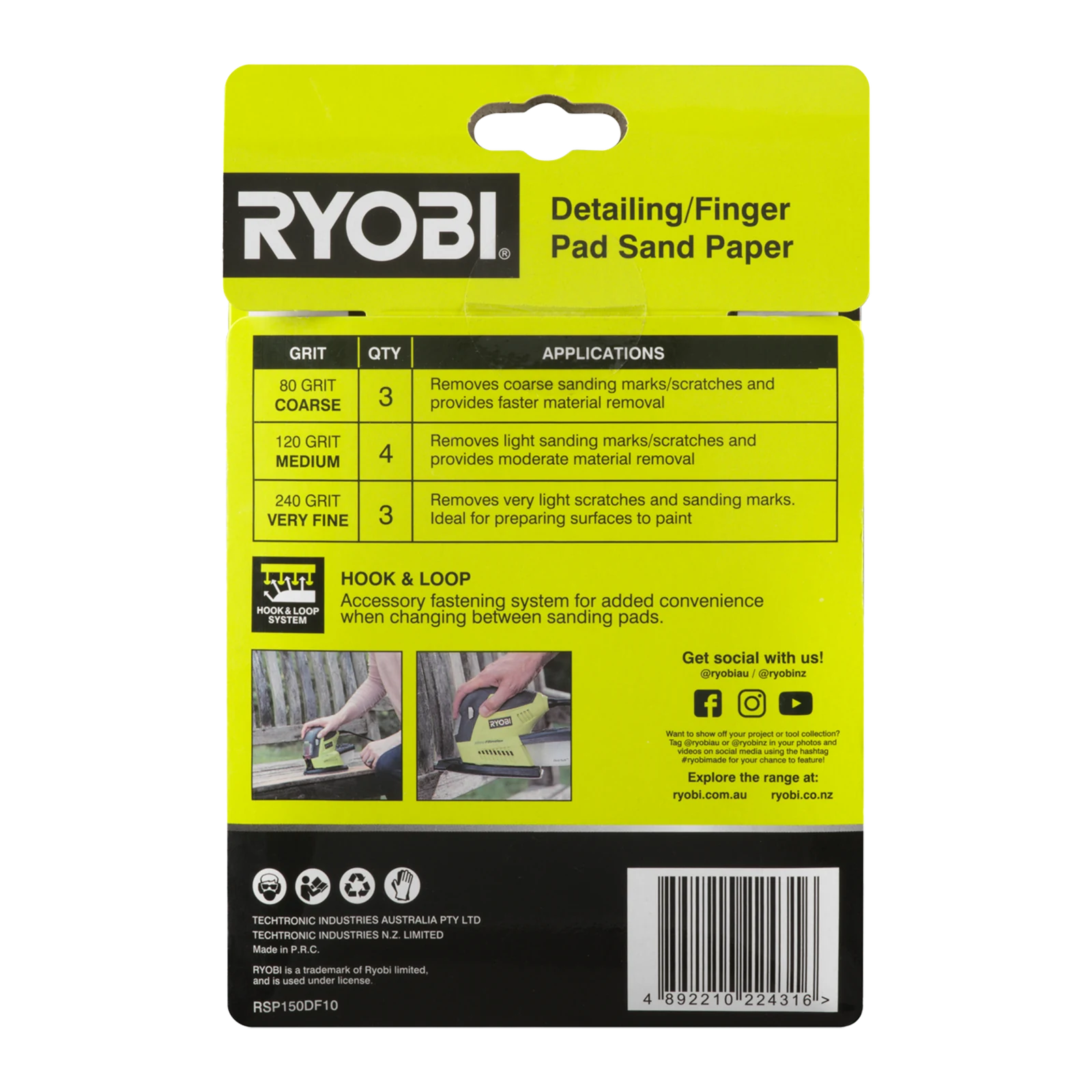 Ryobi 100 x 150mm Detail/Finger Sanding Set - 10 Piece (80/120/240 Grit)