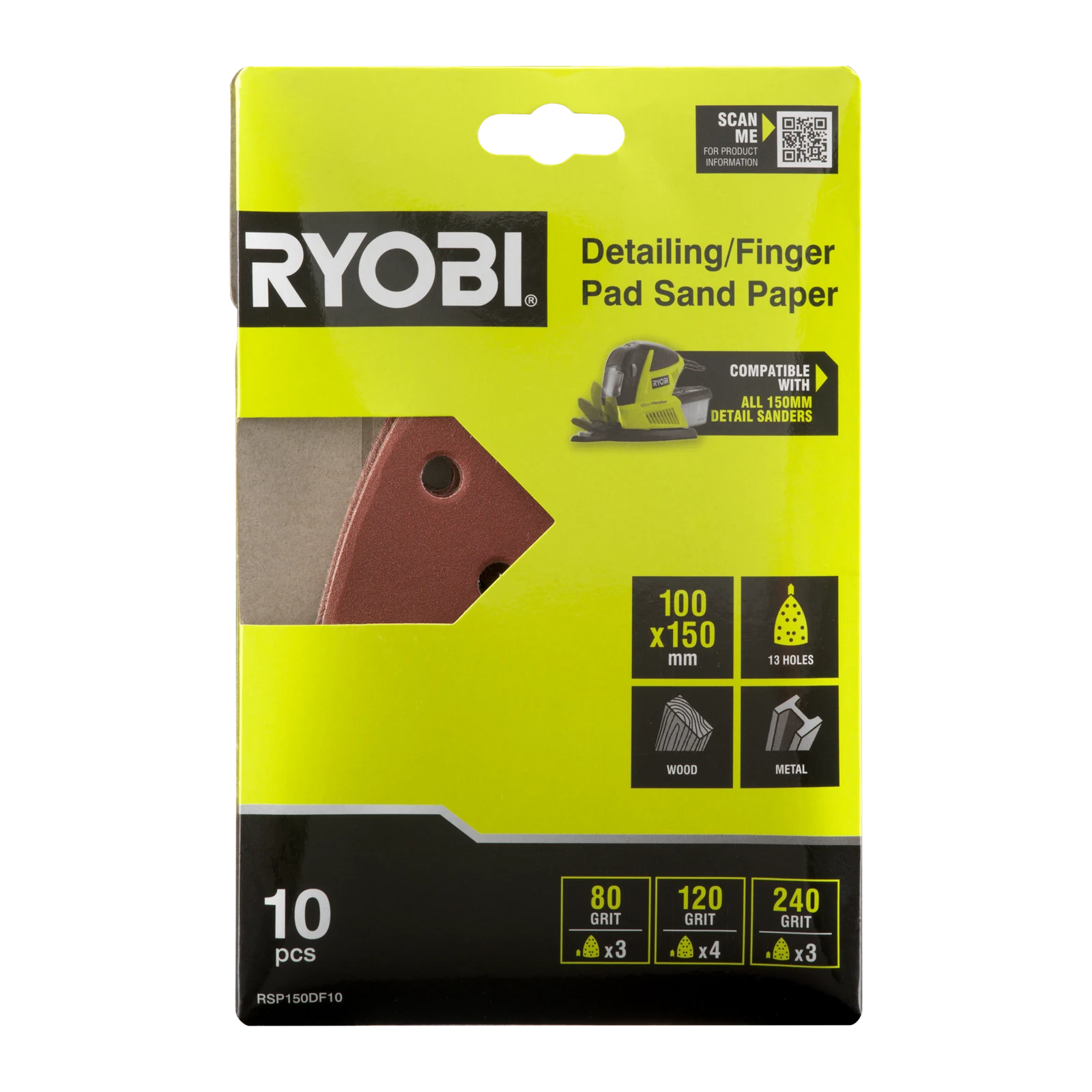 Ryobi 100 x 150mm Detail/Finger Sanding Set - 10 Piece (80/120/240 Grit)