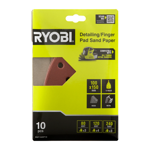 Ryobi 100 x 150mm Detail/Finger Sanding Set - 10 Piece (80/120/240 Grit)