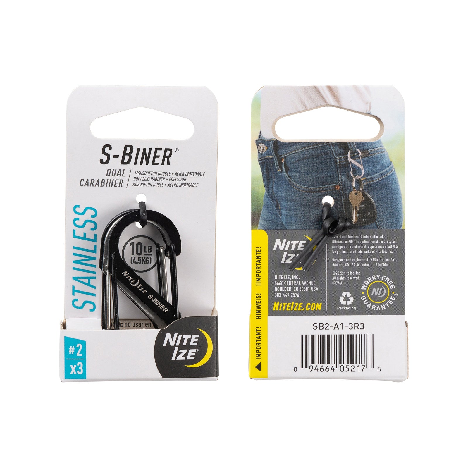 Nite Ize S-Biner Dual Carabiner No. 2, Stainless Steel, 3 Pack, Black/Stainless