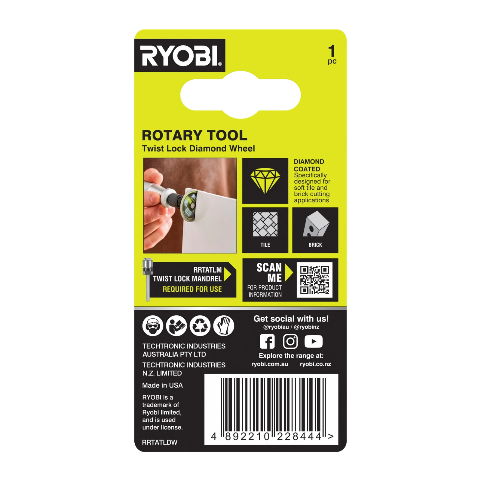 Ryobi 38mm Twist Lock Tile Cutting Wheel with Diamond Coating