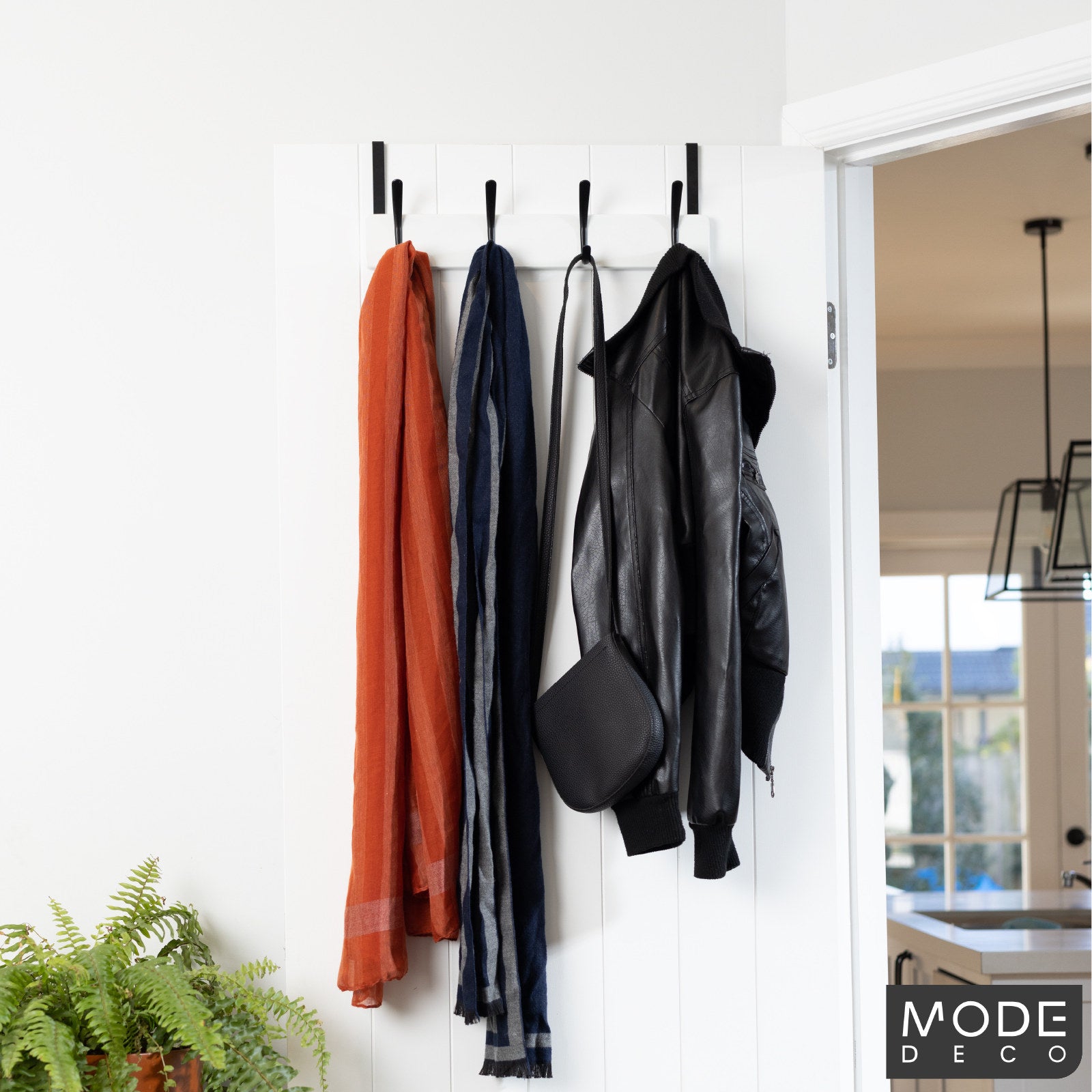 MODE Over Door Hanger - 4 Black Hooks on White Board