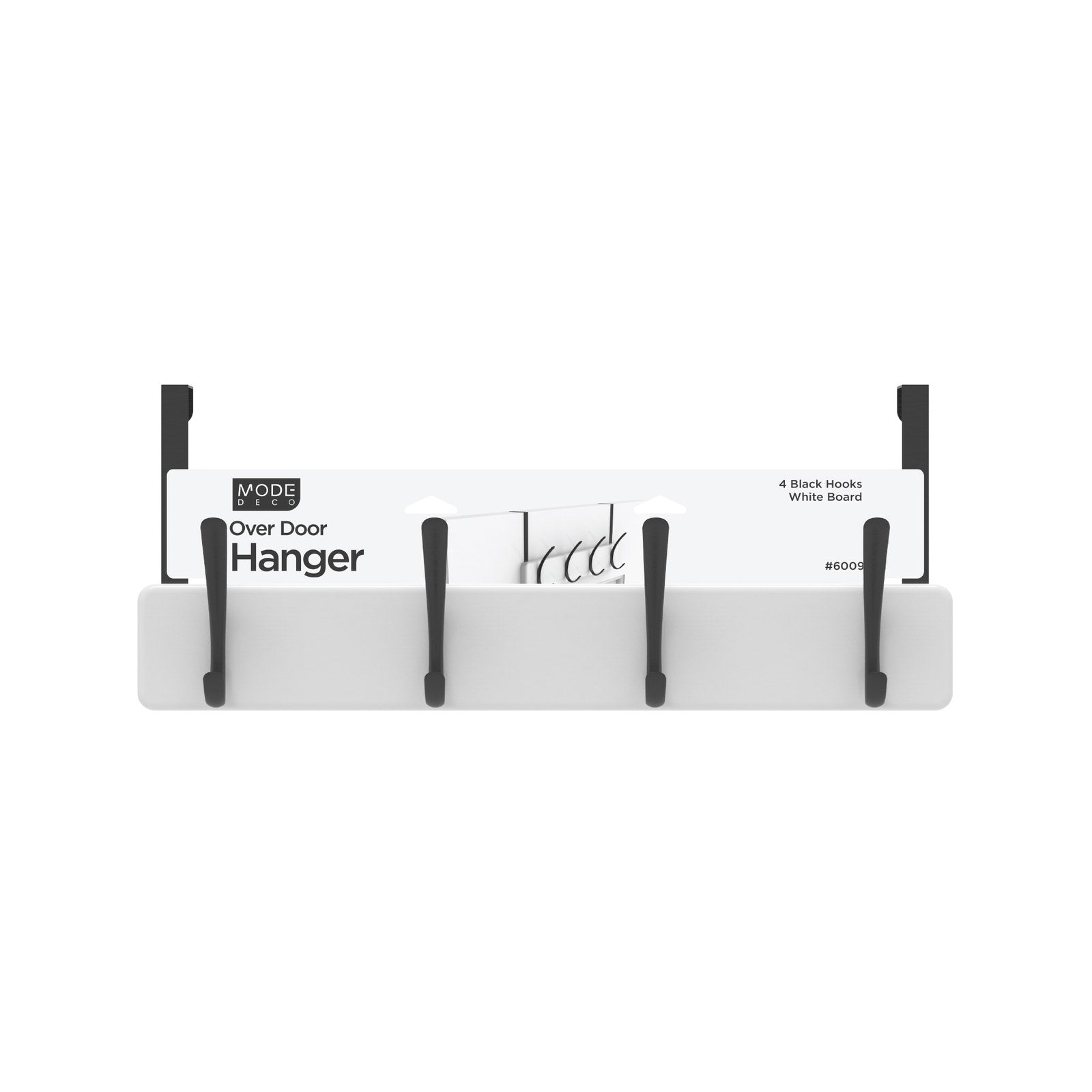 MODE Over Door Hanger - 4 Black Hooks on White Board