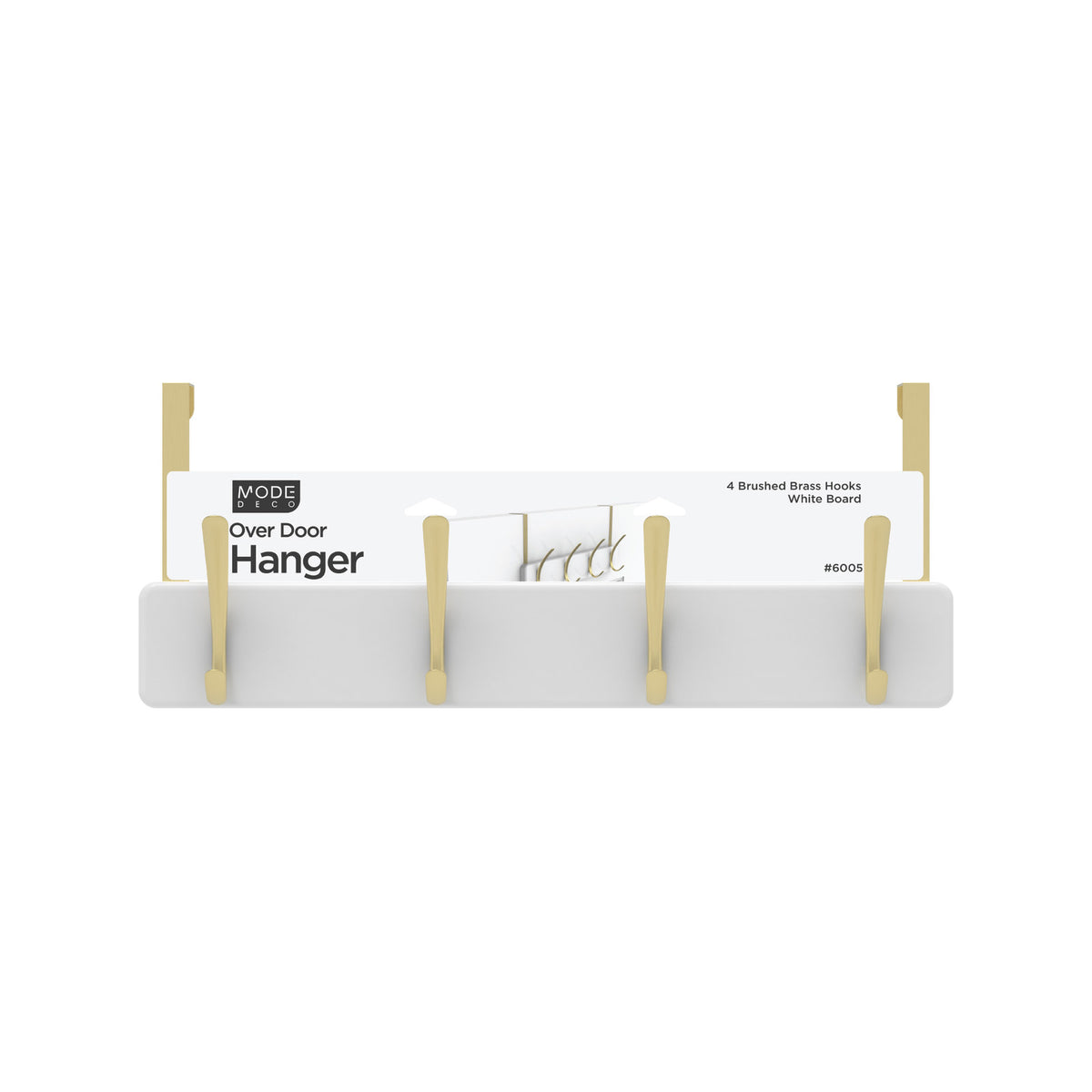 MODE Over Door Hanger - 4 Brushed Brass Hooks on White Board