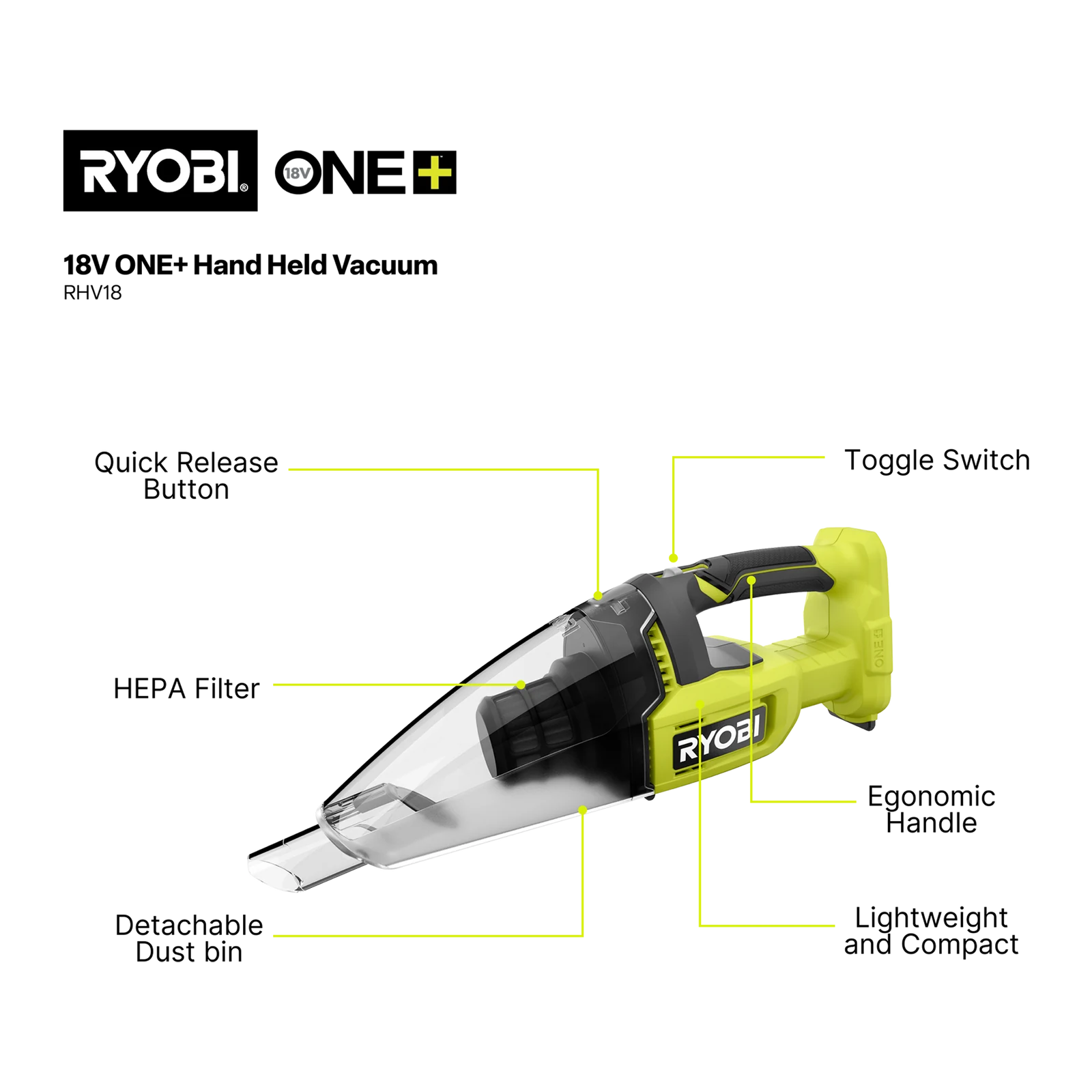 Ryobi 18V ONE+ Cordless Handheld Vacuum 0.6L with HEPA Filter, Skin Only RHV18