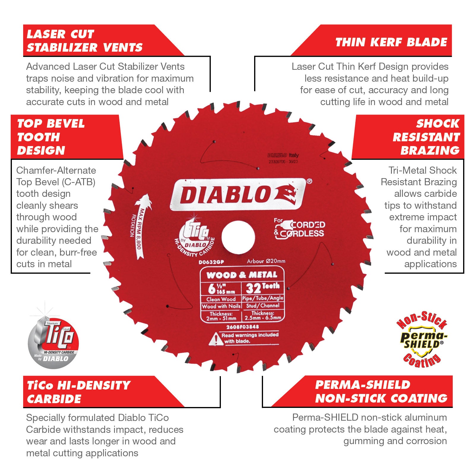 Diablo 165mm 32T Wood and Metal Circular Saw Blade 20mm Arbor