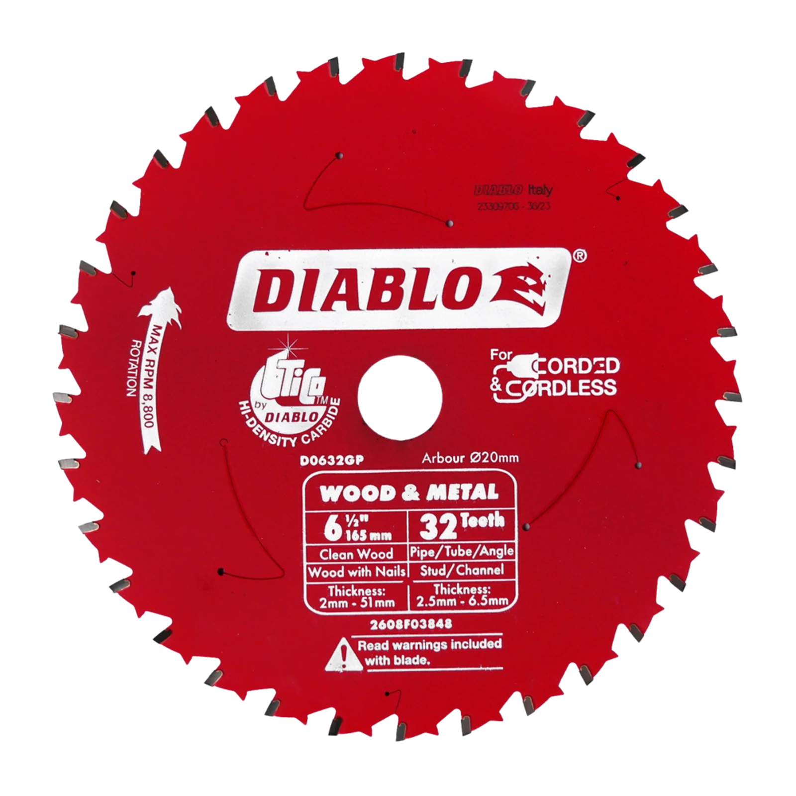 Diablo 165mm 32T Wood and Metal Circular Saw Blade 20mm Arbor