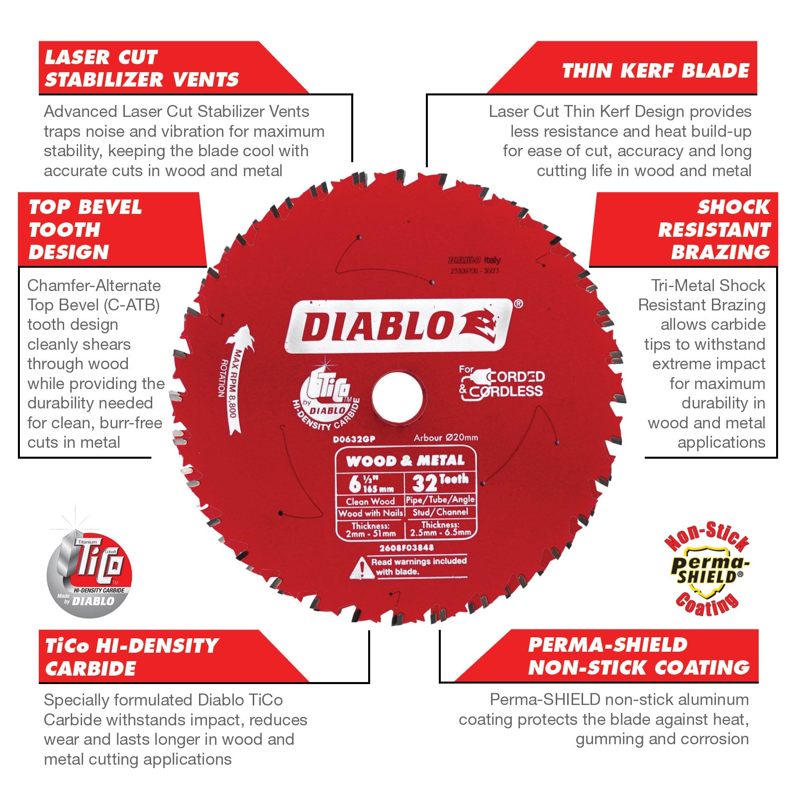 Diablo 184mm 36T Wood and Metal Carbide Saw Blade 20mm Arbor