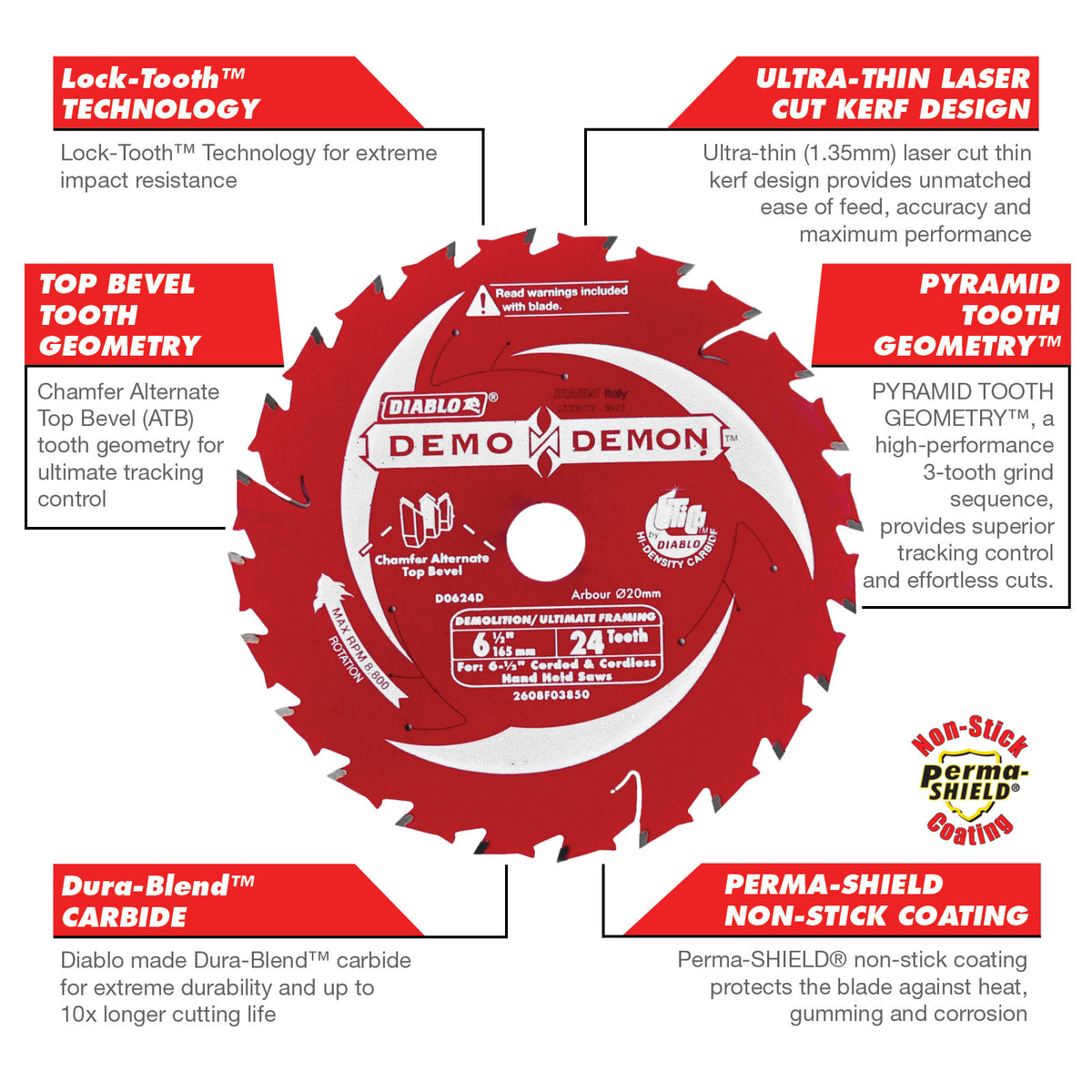 Diablo 165mm 24T Framing and Demolition Demo Demon Circular Saw Blade 20mm Arbor