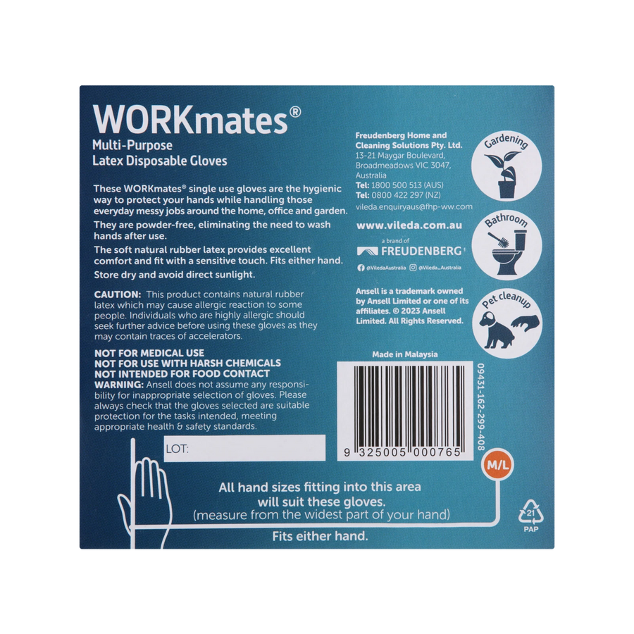 Vileda Ansell WORKmates Latex Disposable Gloves 36 Pack - Medium/Large