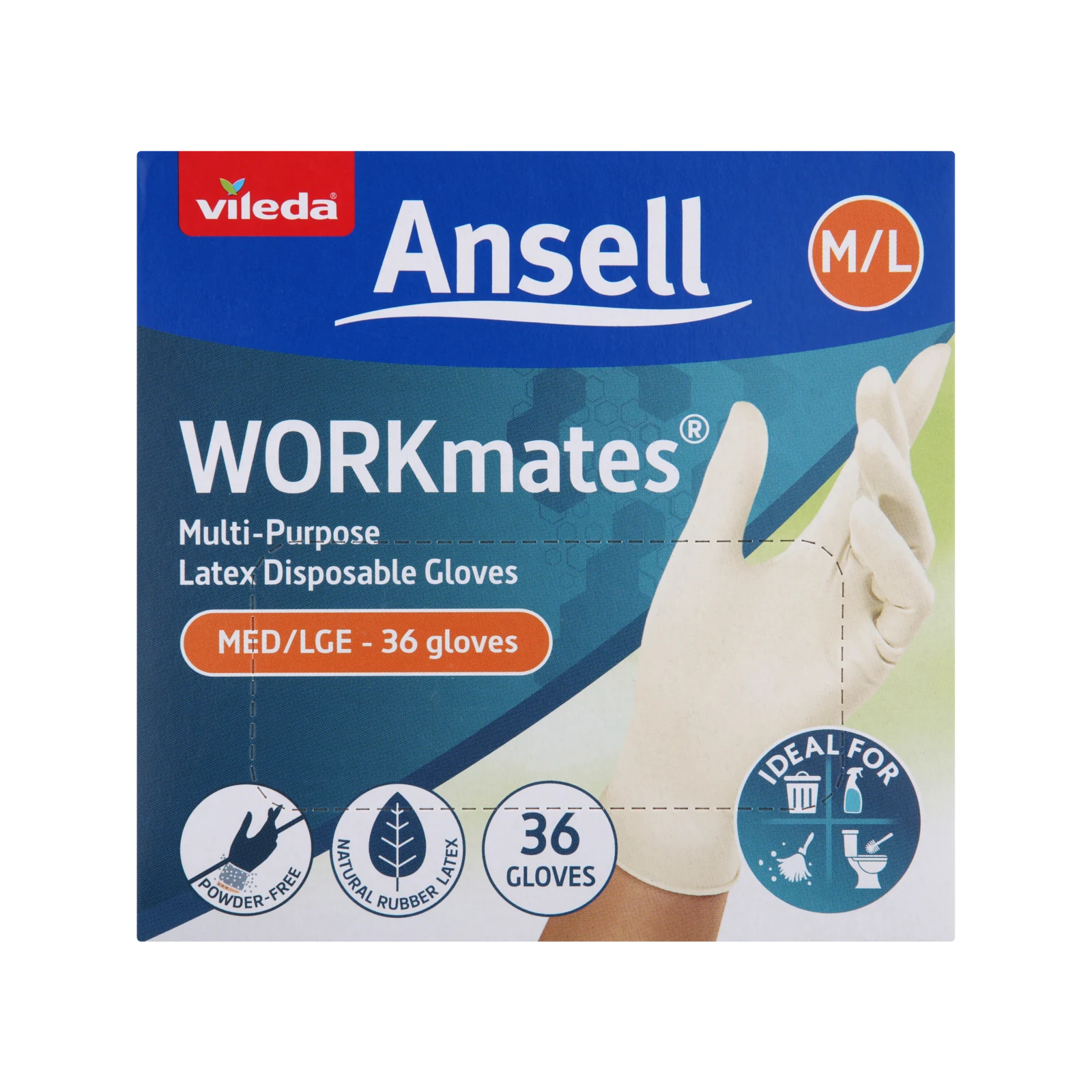 Vileda Ansell WORKmates Latex Disposable Gloves 36 Pack - Medium/Large