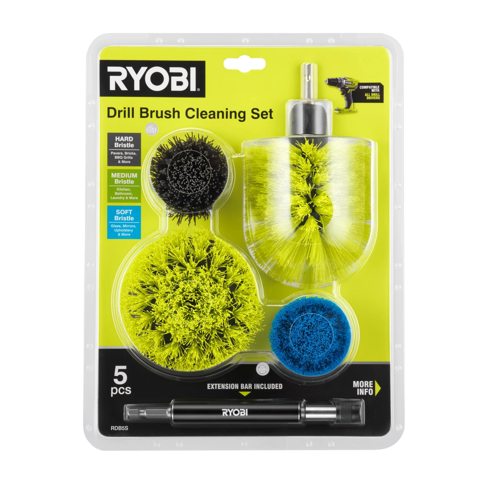 Ryobi 5 Piece Drill Brush Set with Extension Bar