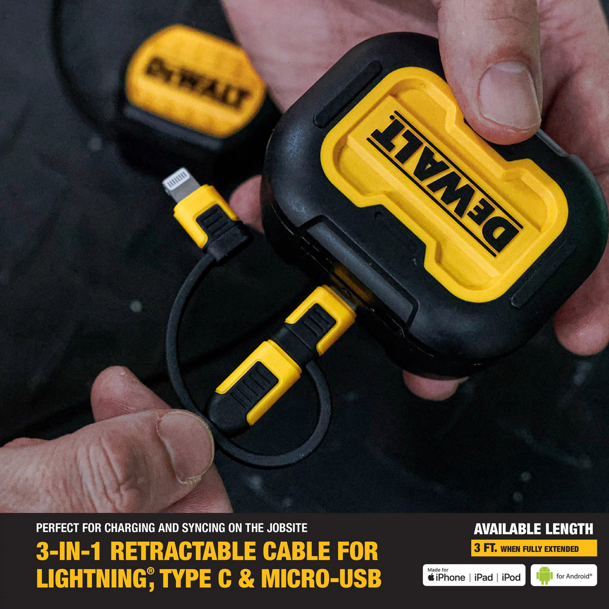 DeWALT 1m 3-In-1 Retractable Charging Cable Lightning Type-C Micro-USB Kevlar 1311364DWE