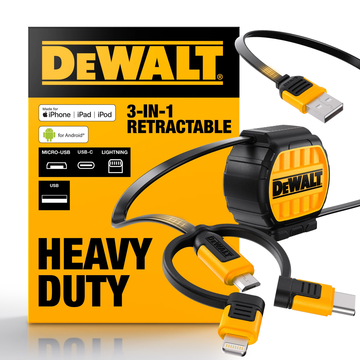 DeWALT 1m 3-In-1 Retractable Charging Cable Lightning Type-C Micro-USB Kevlar 1311364DWE