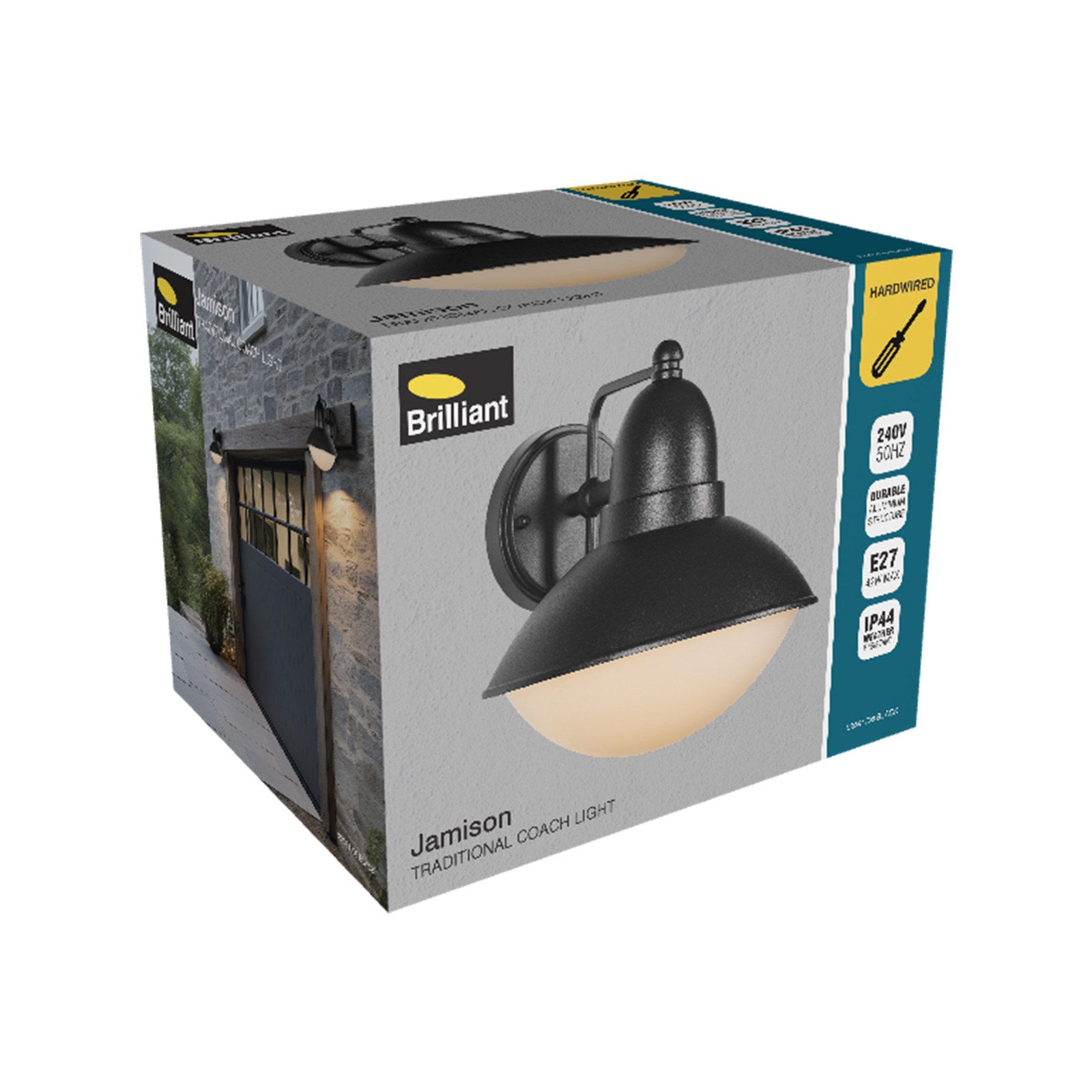 Brilliant Jamison Traditional Coach Light Black 42W E27 240V, Hardwired, Weather Resistant Outdoor 22591/06