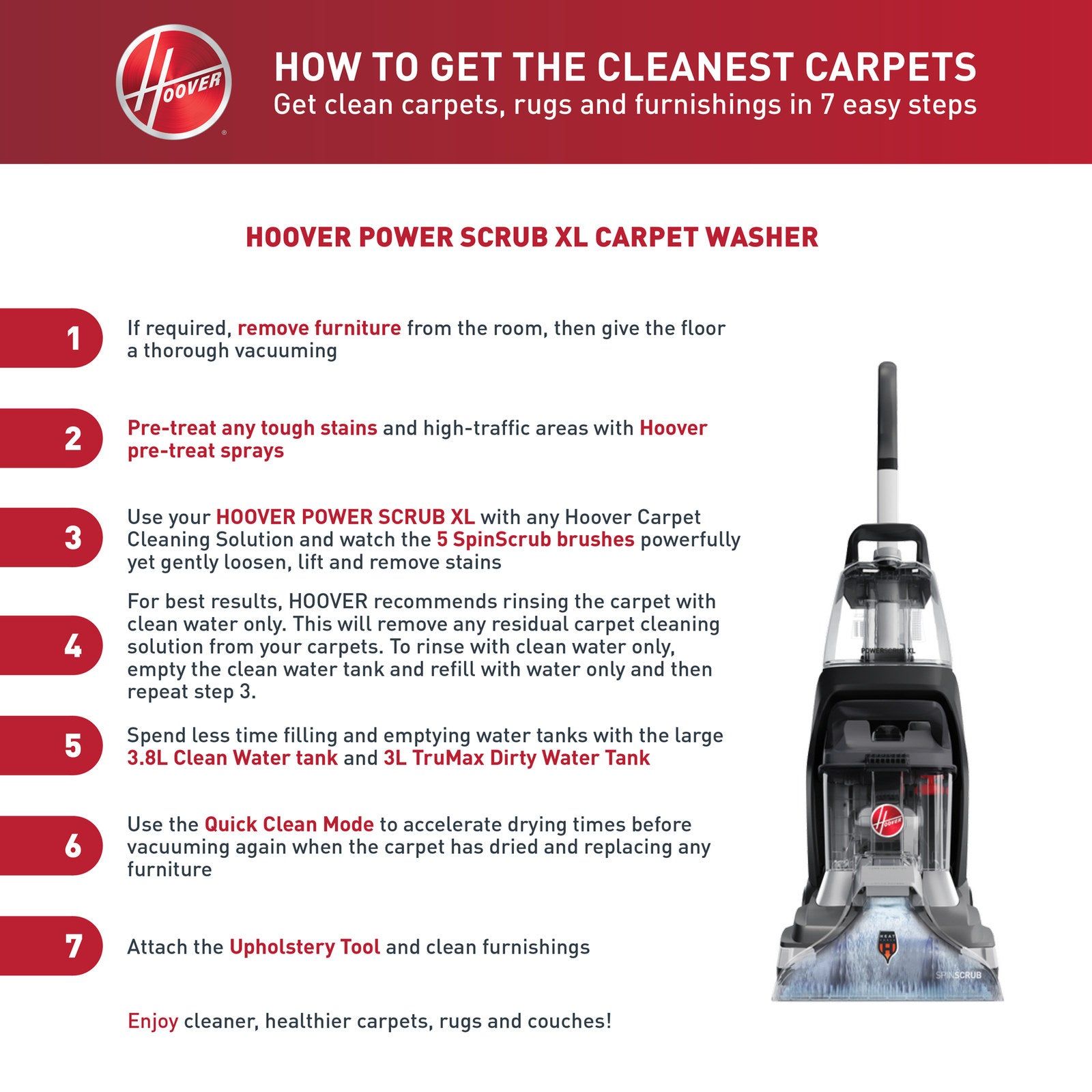 Hoover Power Scrub XL Carpet Washer - 3L Recovery Tank, SpinScrub Brushes