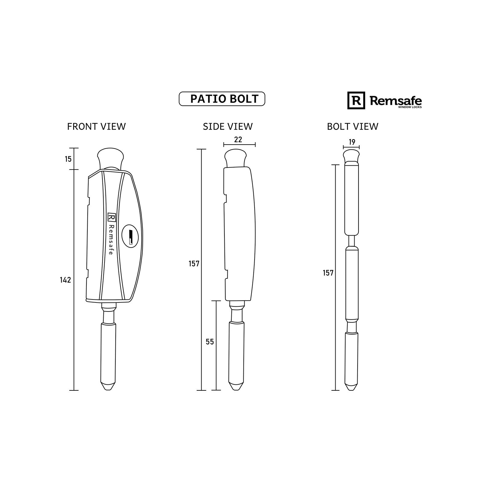 Remsafe Black Window & Door Patio Bolt - Lockable, Black Powdercoat Steel