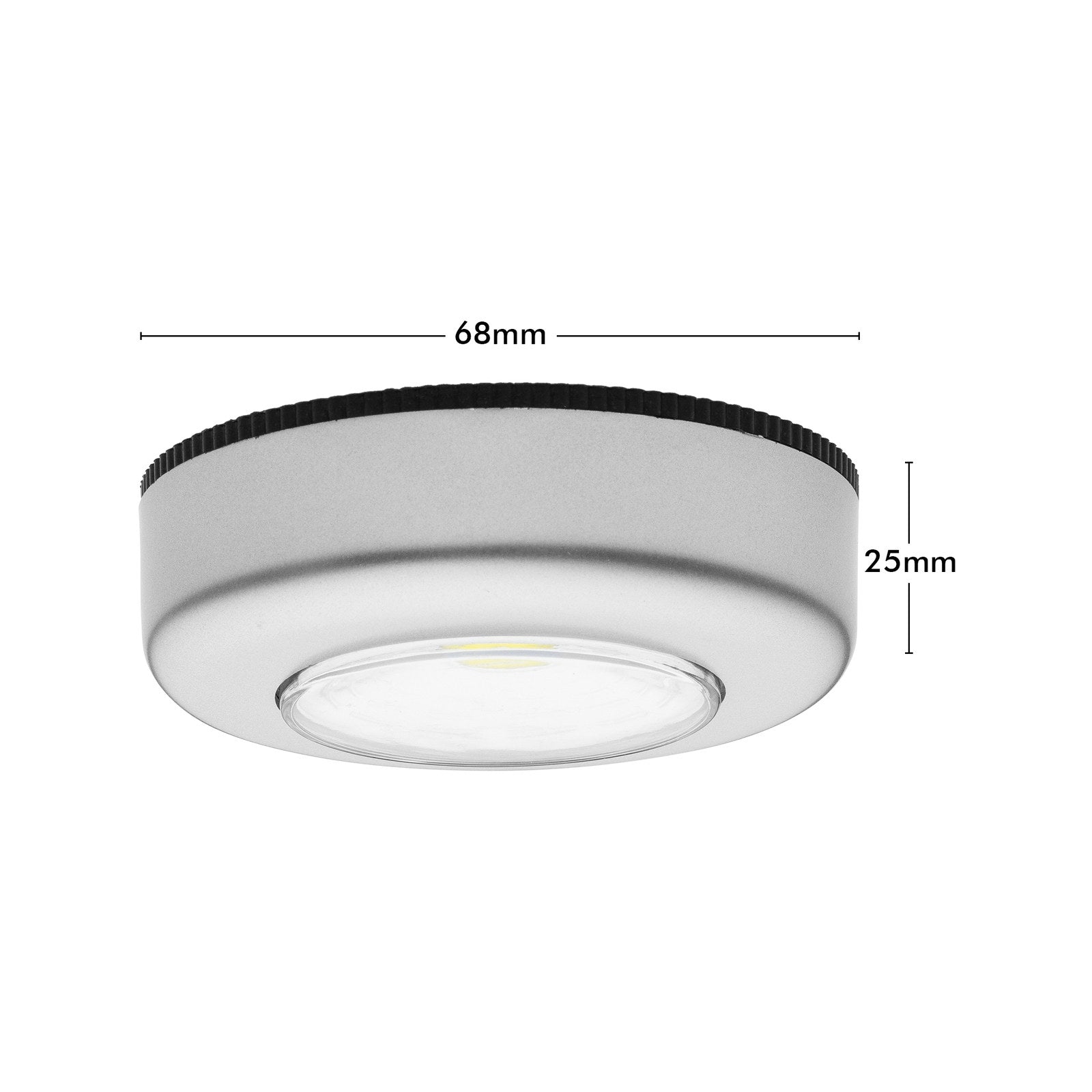 Click Silver LED Puck Lights 4 Pack, Cordless Push-On, Indoor, Self-Adhesive