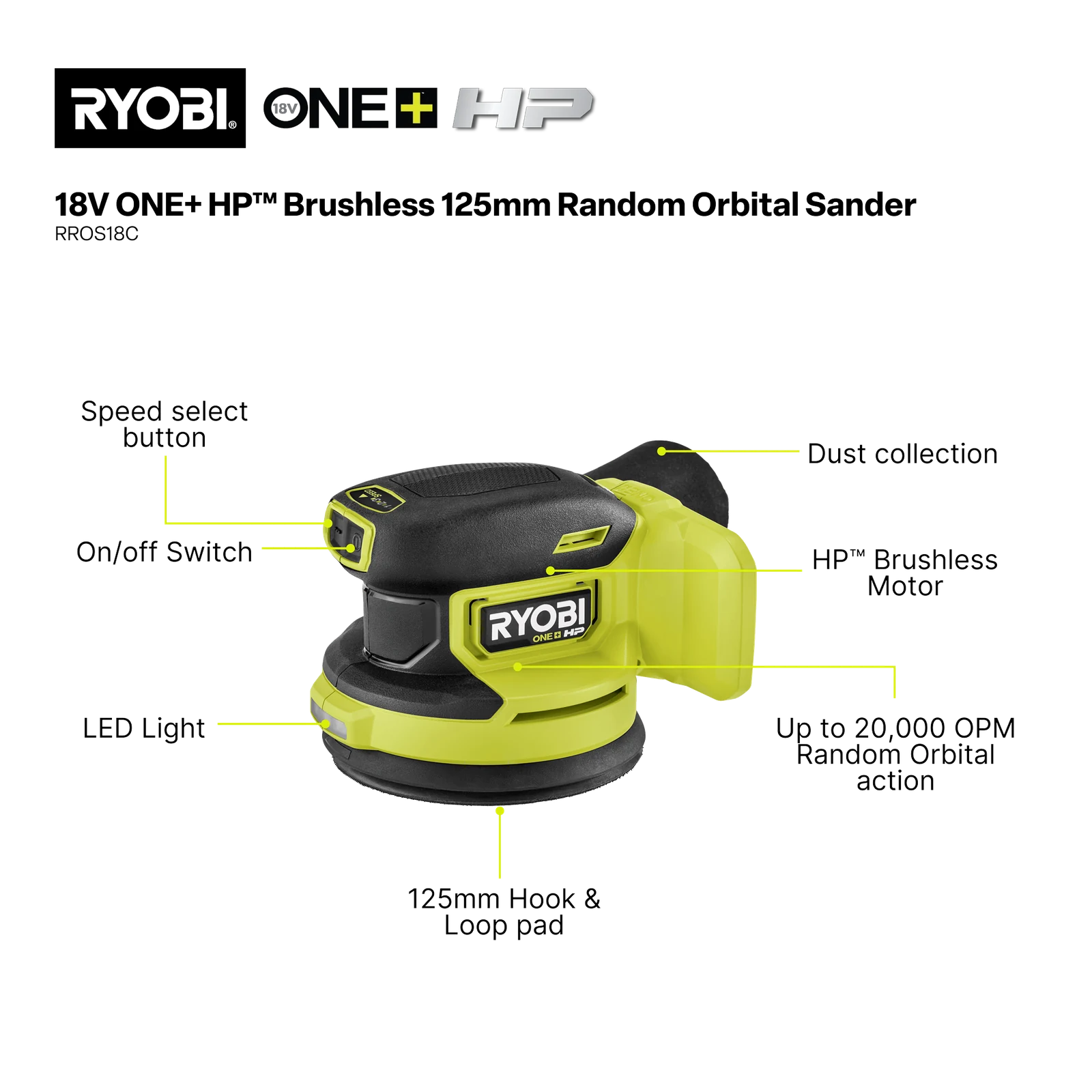 Ryobi 18V ONE+ HP Brushless 125mm Cordless Random Orbital Sander Tool Only RROS18C