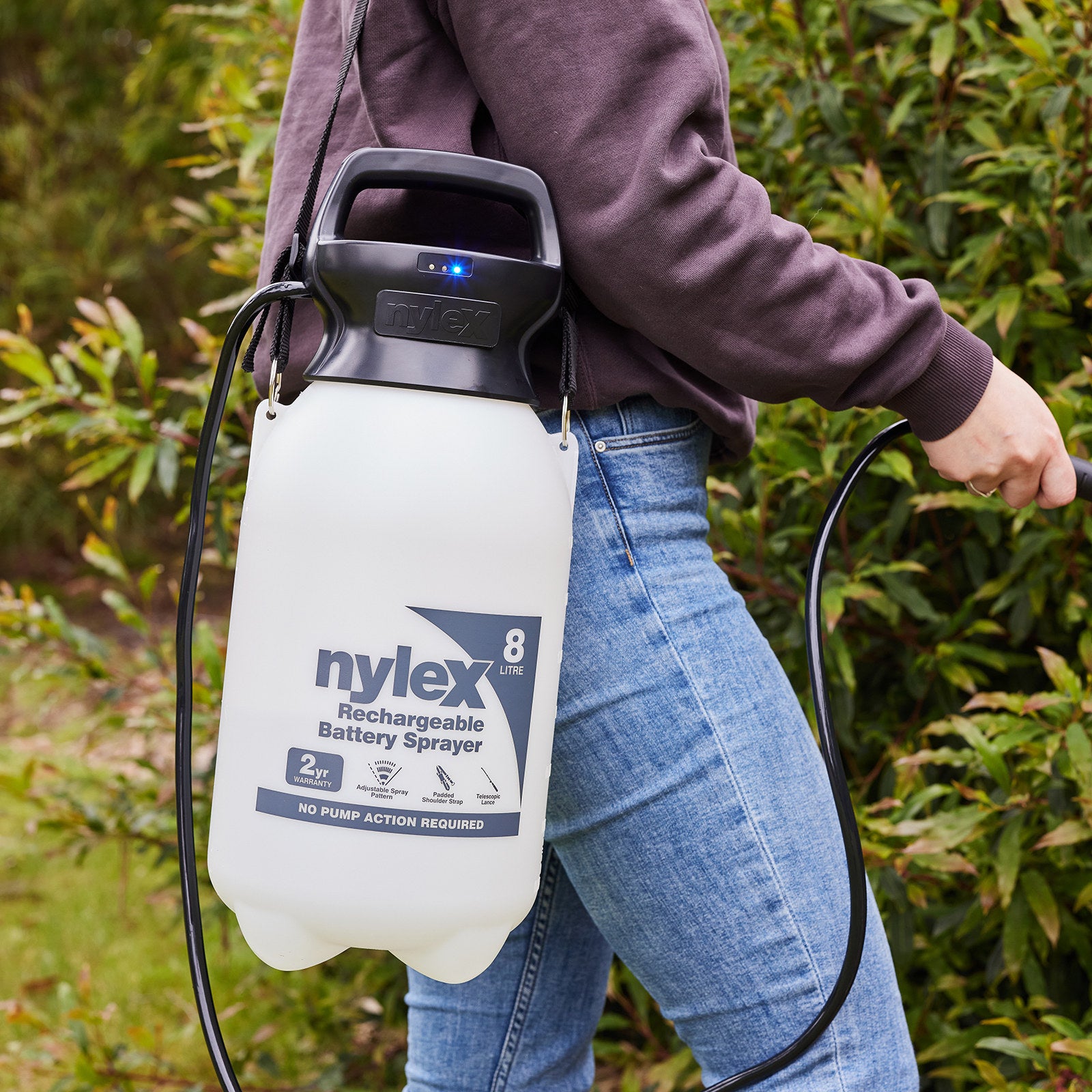 Nylex 8L Battery Garden Sprayer - 60cm Hose, Shoulder Strap & Adjustable Spray Tip