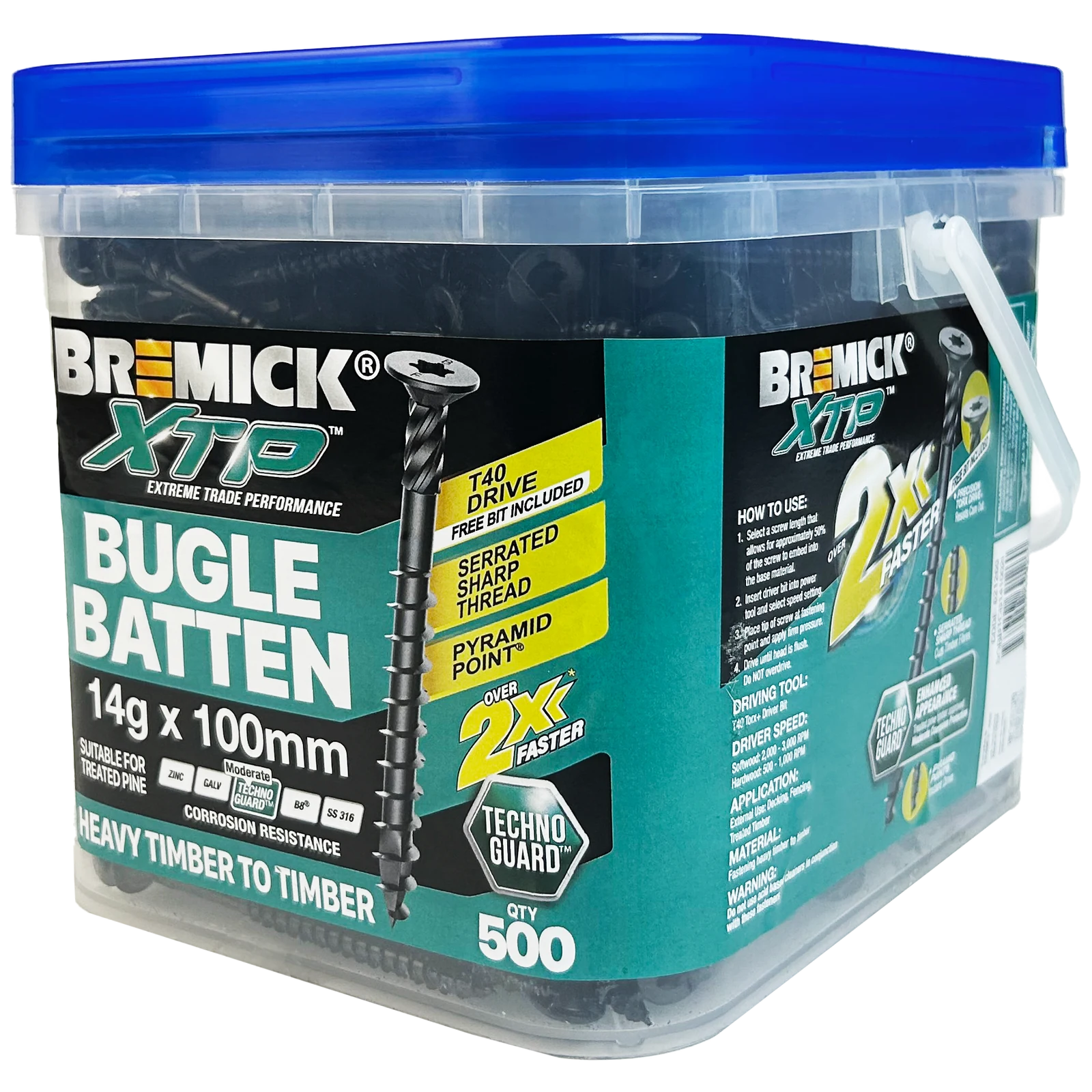 Bremick XTP 14g x 100mm T40 Technoguard Black Bugle Batten Screws - 500 Pack