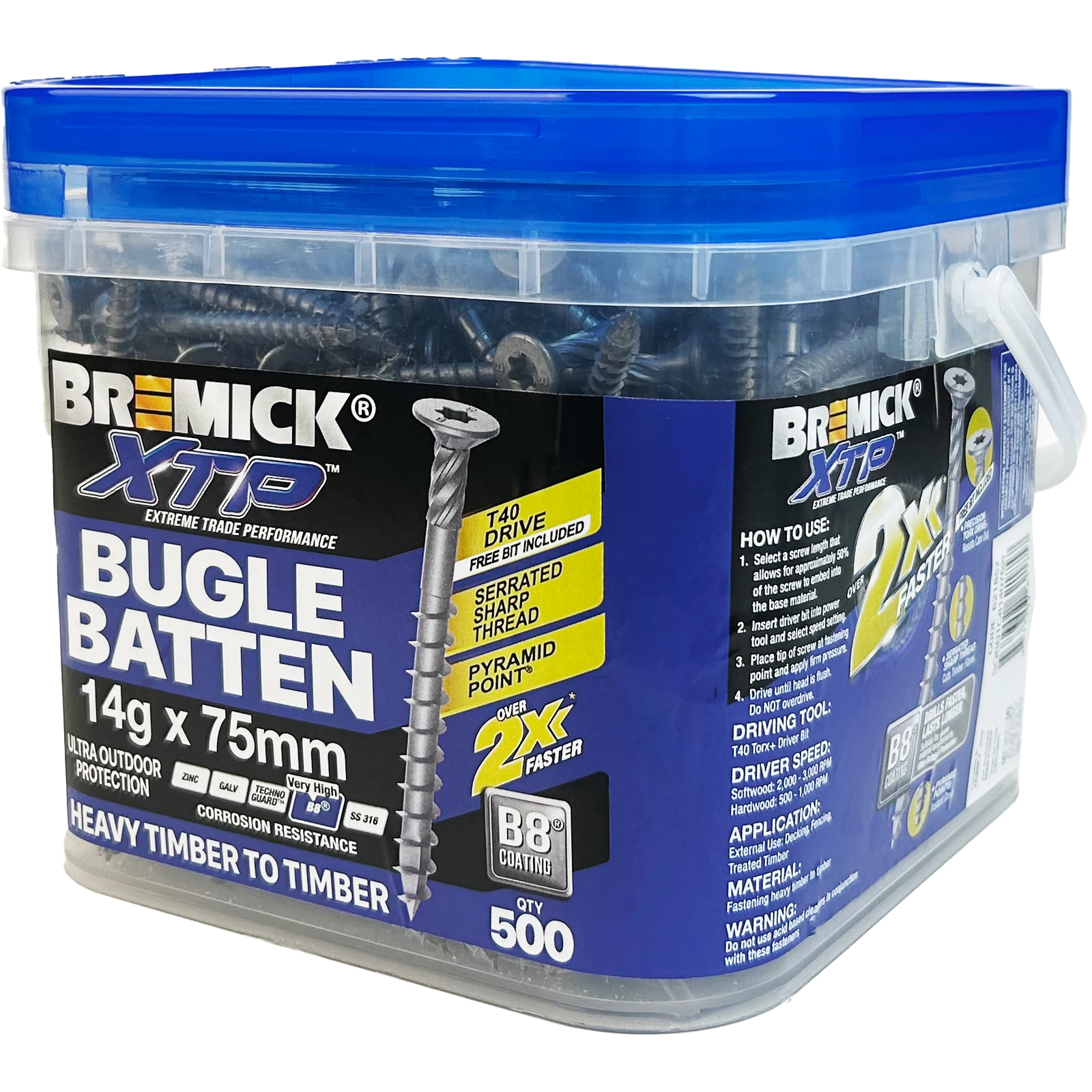 Bremick XTP 14g x 75mm Carbon Steel T40 B8 Bugle Batten Screws 500 Pack