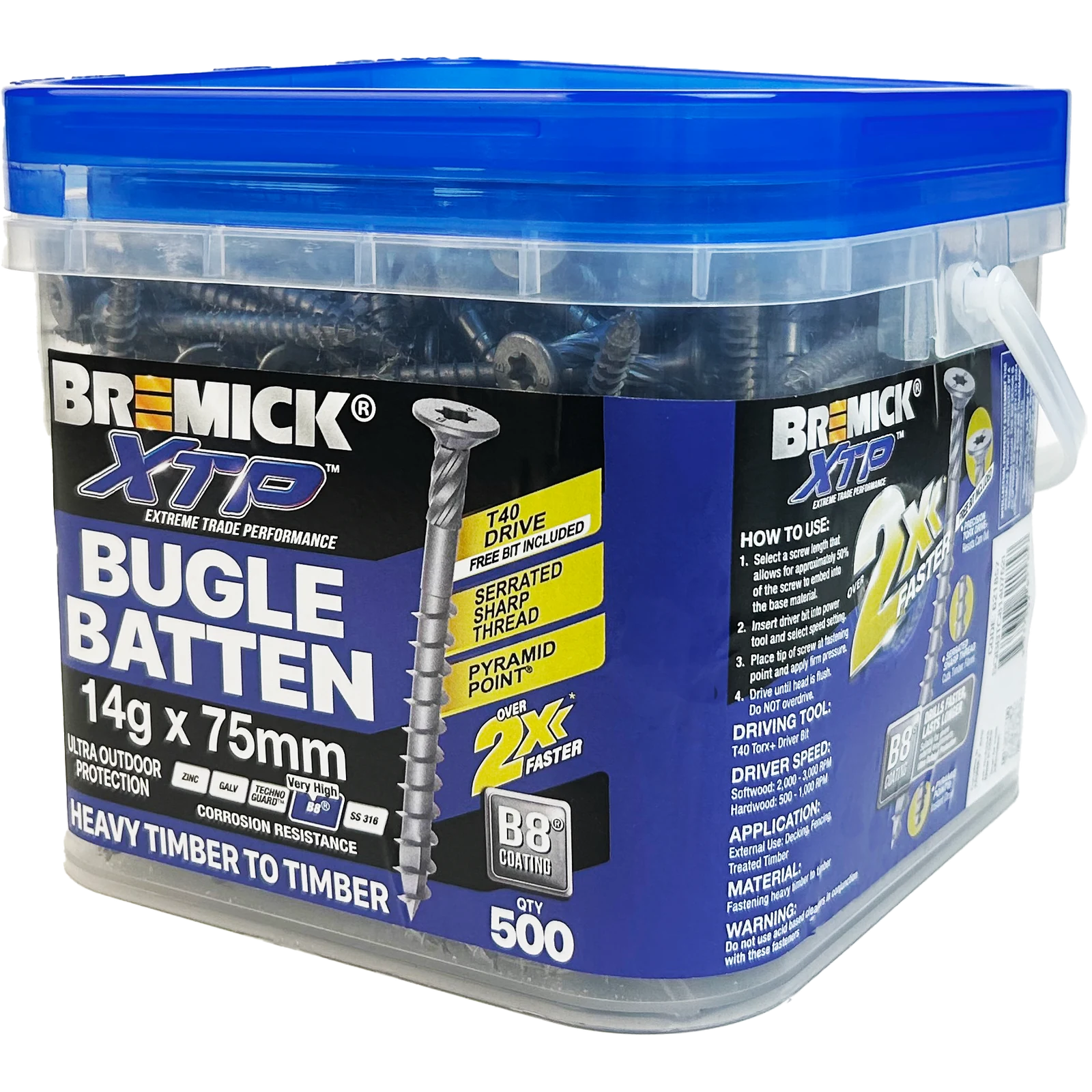 Bremick XTP 14g x 75mm Carbon Steel T40 B8 Bugle Batten Screws 500 Pack