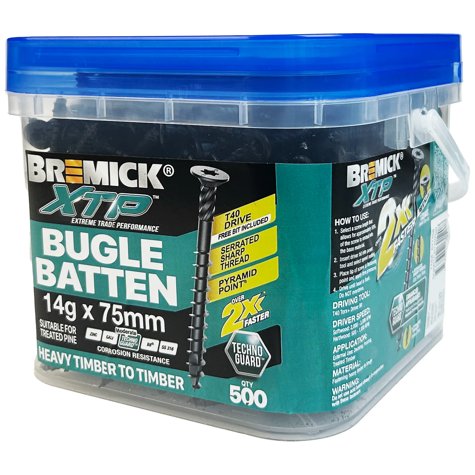 Bremick XTP 14g x 75mm Carbon Steel T40 Bugle Batten Screws Technoguard Black 500 Pack