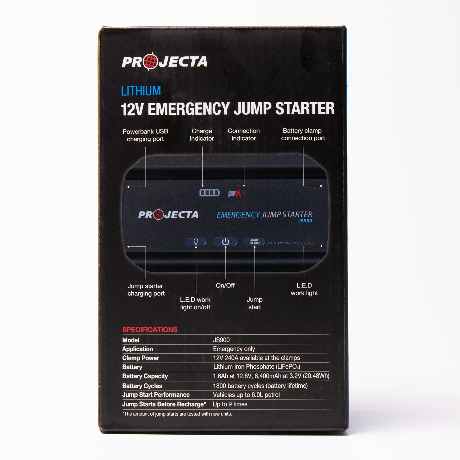 Projecta 12V 900A Lithium Jumpstarter JS900 in Black with LED Light and USB Power Bank