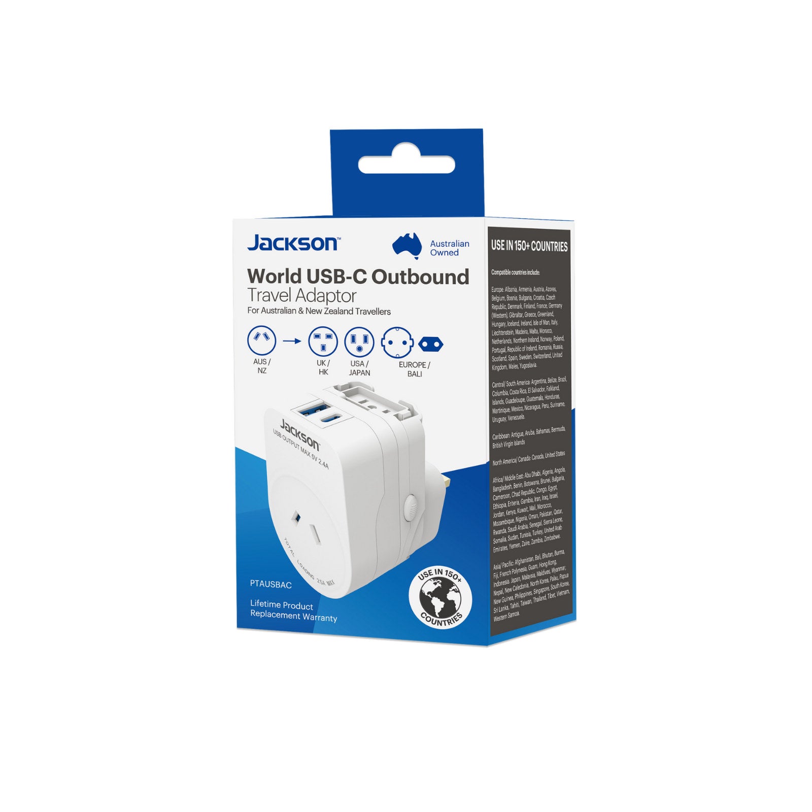 Jackson 1A 1C World Travel Adapter Outbound 2.4A USB-A & USB-C - 150+ Countries