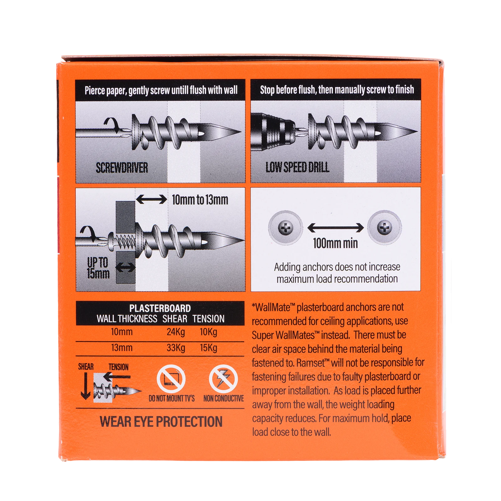 Ramset Nylon WallMate Plasterboard Anchor with Screws - 100 Pack, 24kg Hold