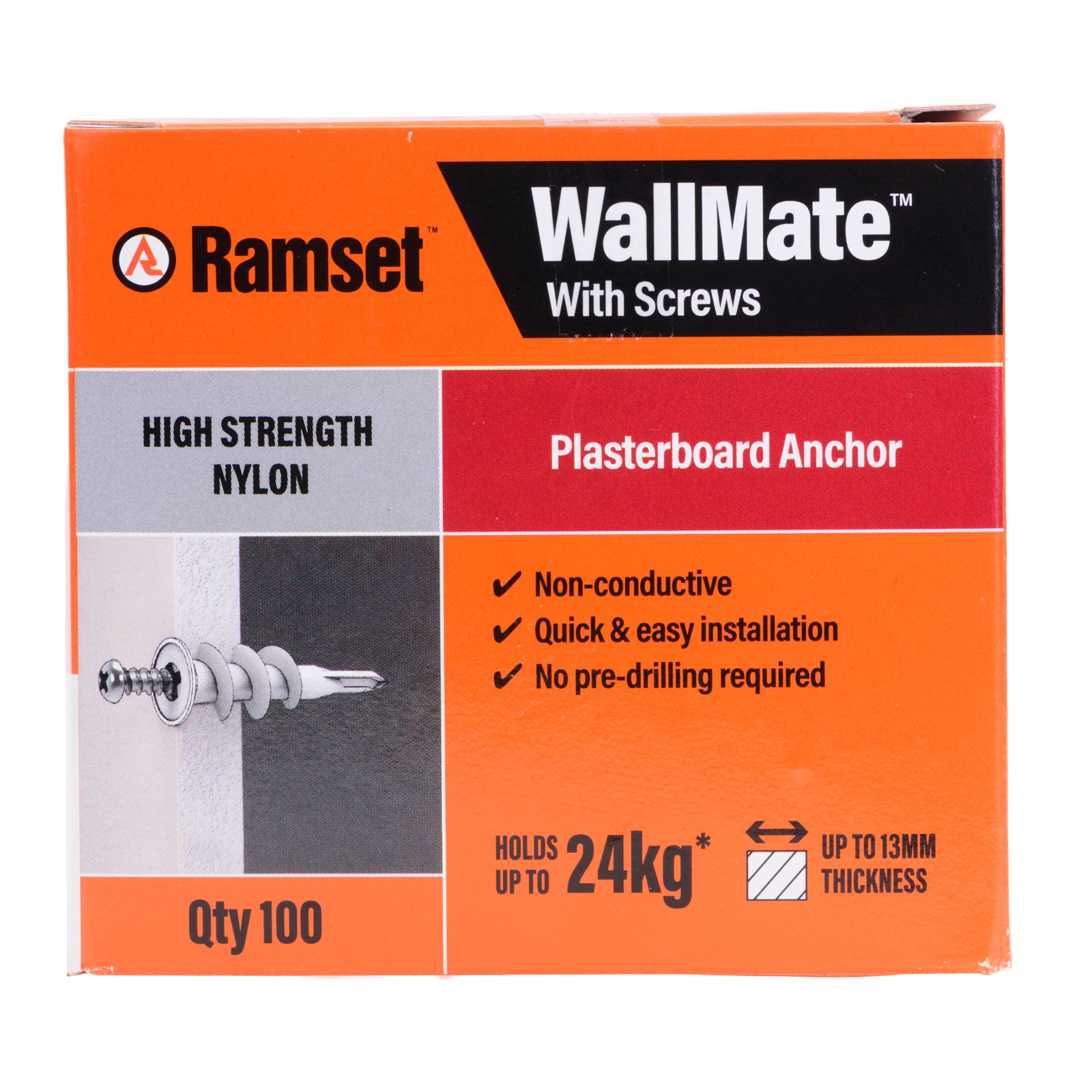 Ramset Nylon WallMate Plasterboard Anchor with Screws - 100 Pack, 24kg Hold