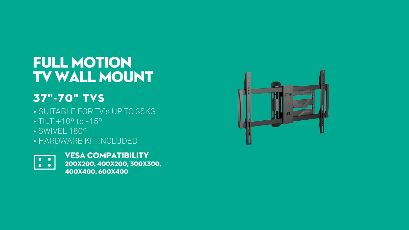 Practa Full Motion TV Wall Mount PRWMFML 37-70 inch Black Steel, Swivel Tilt, Hardware Included