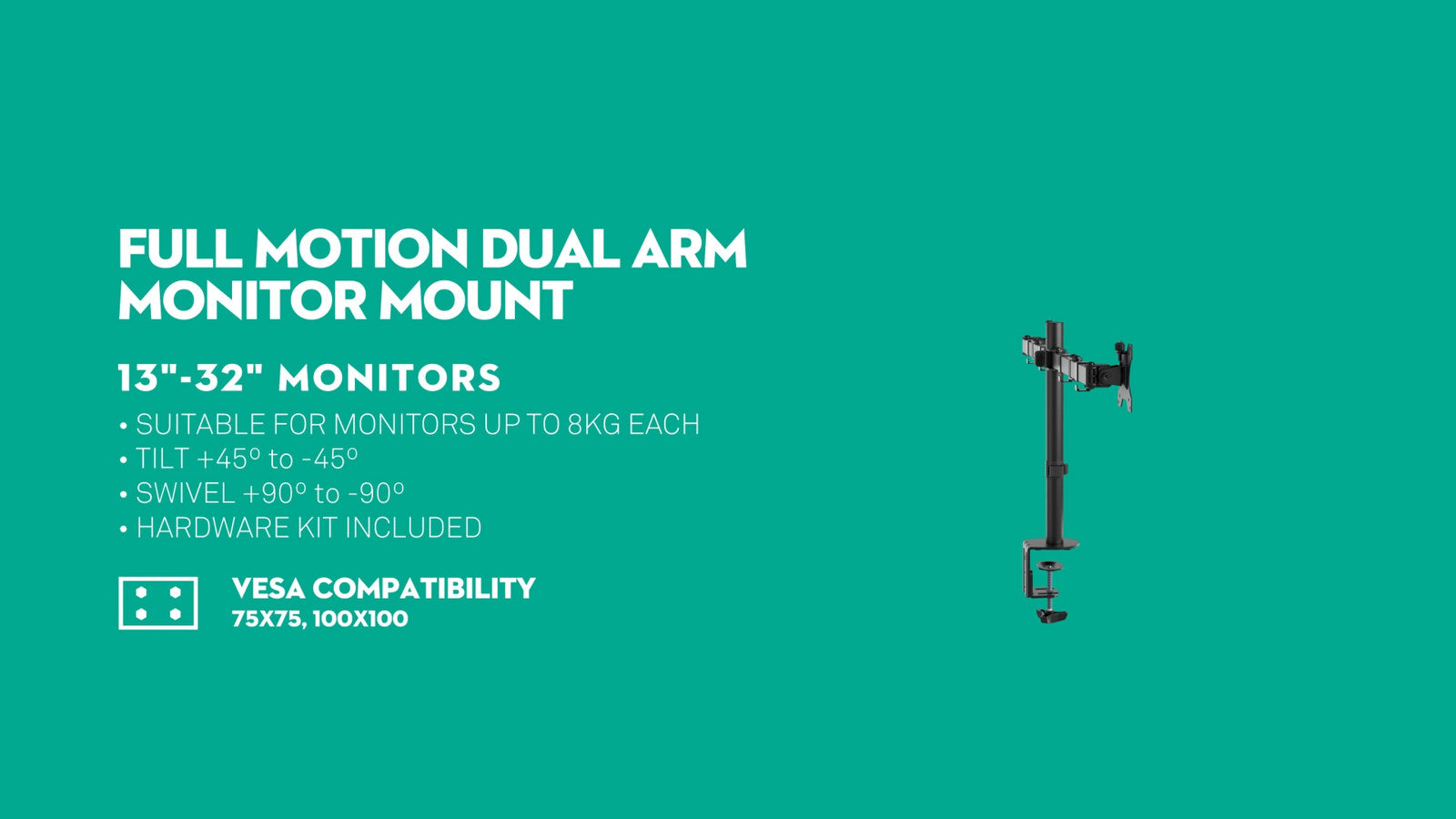 Practa Full Motion Dual Arm Monitor Mount PRMMD 13-32 inch Black Steel, Clamp or Grommet Fit