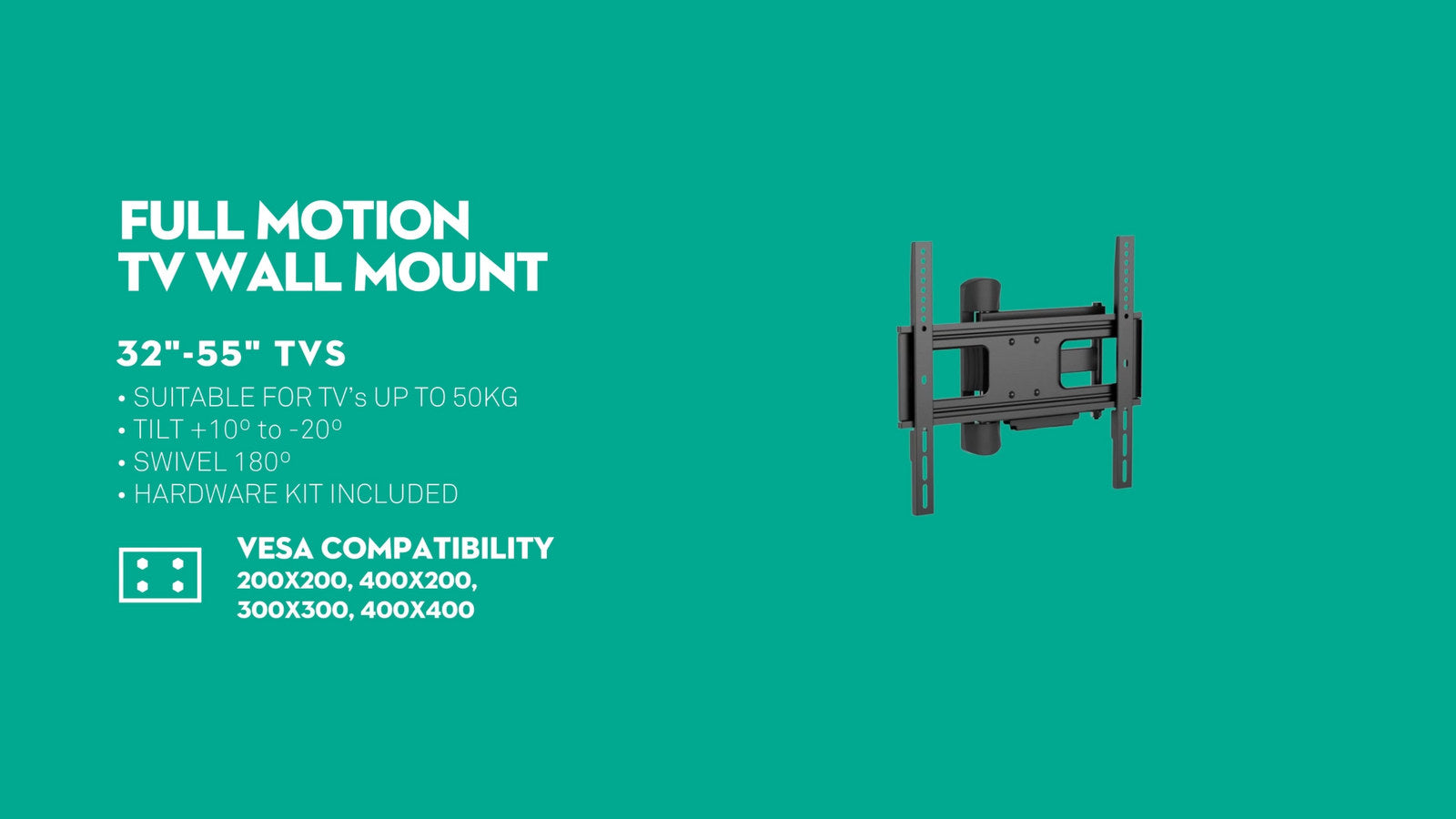 Practa Full Motion TV Wall Mount PRWMFMM 32-55 inch Black Steel, Swivel Tilt, Hardware Included