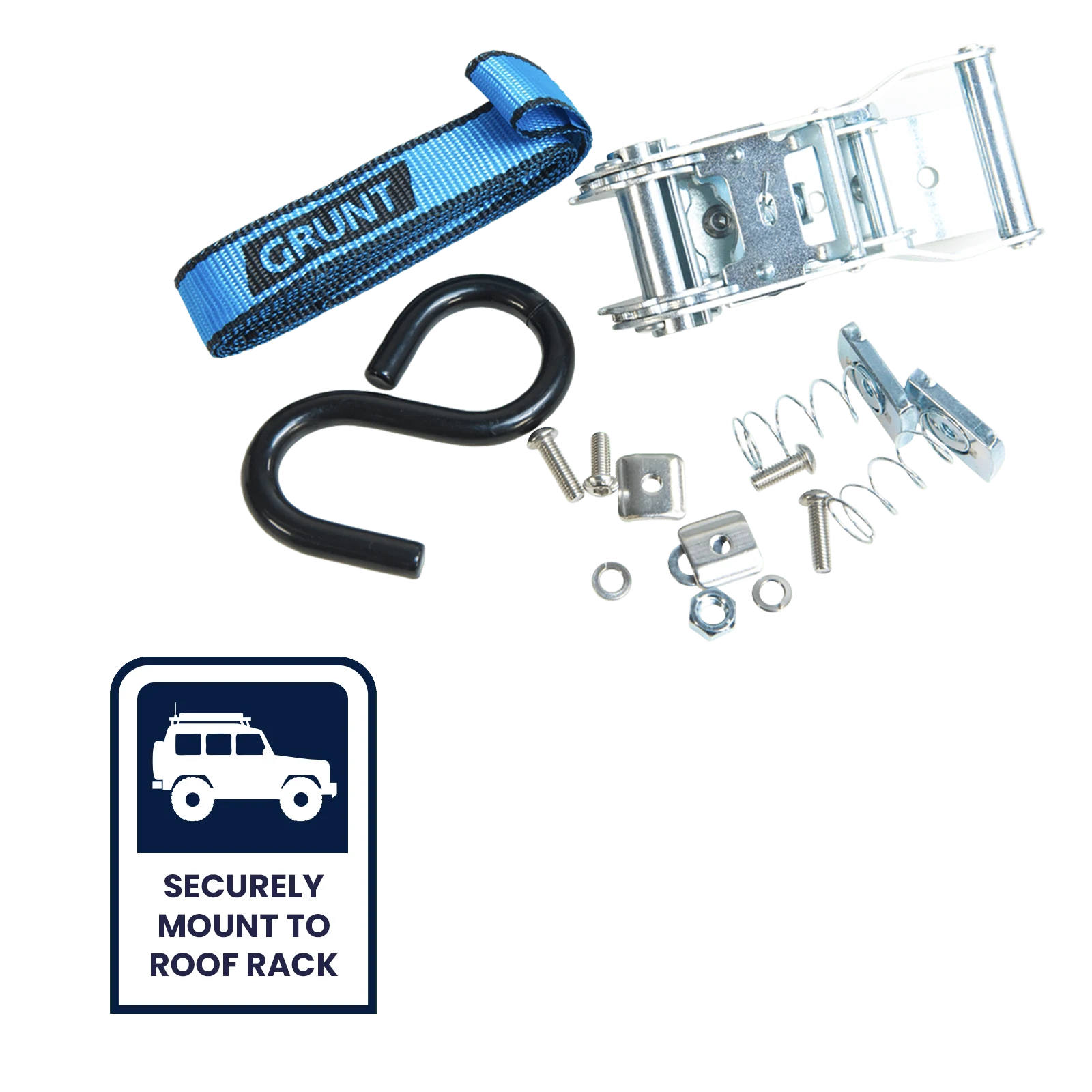 GRUNT T-Slot Roof Ratchet Tie Down, 25mm x 2m Webbing, Universal Roof Rack Fit