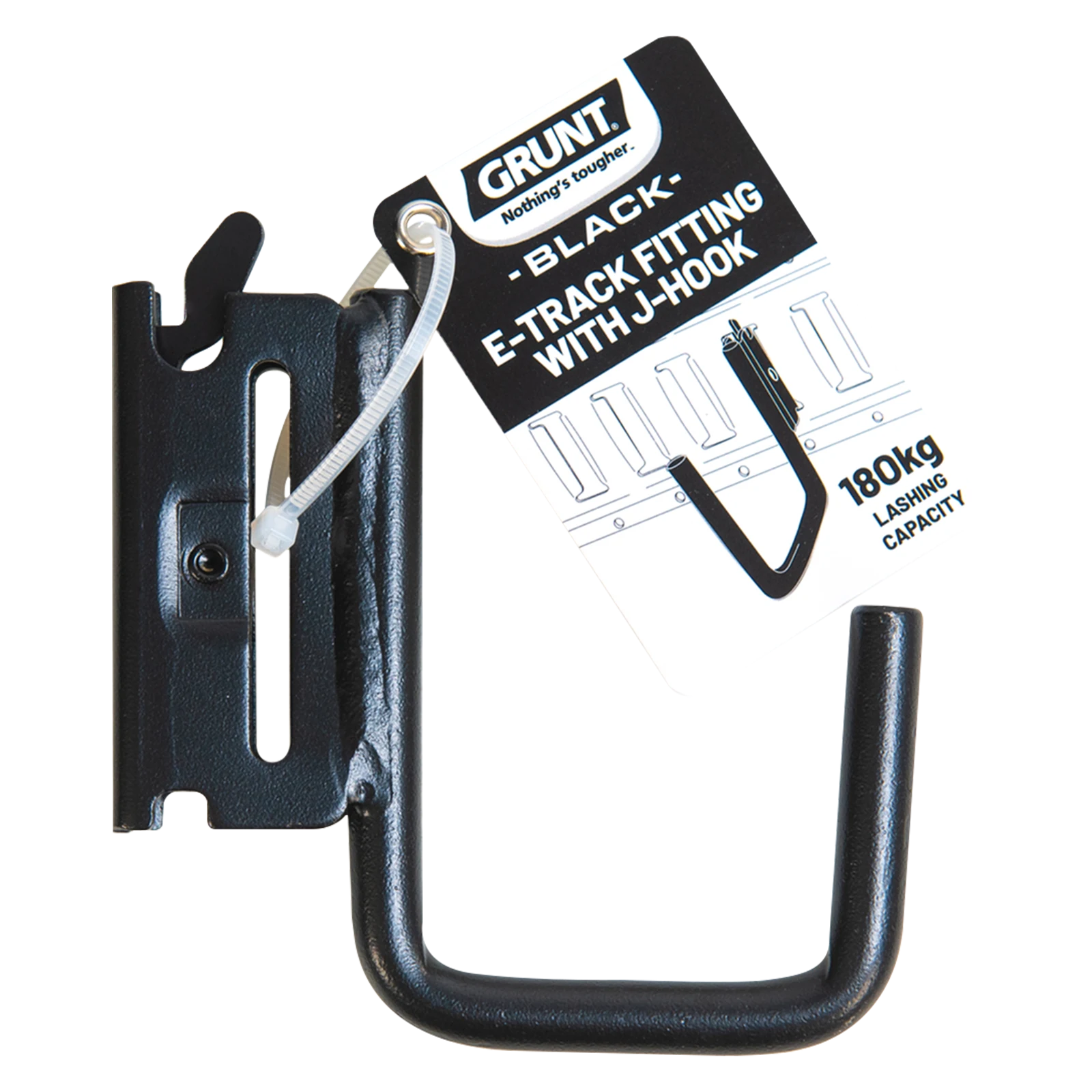 GRUNT Black E-Track Fitting with J Hook, 180kg Lashing Capacity