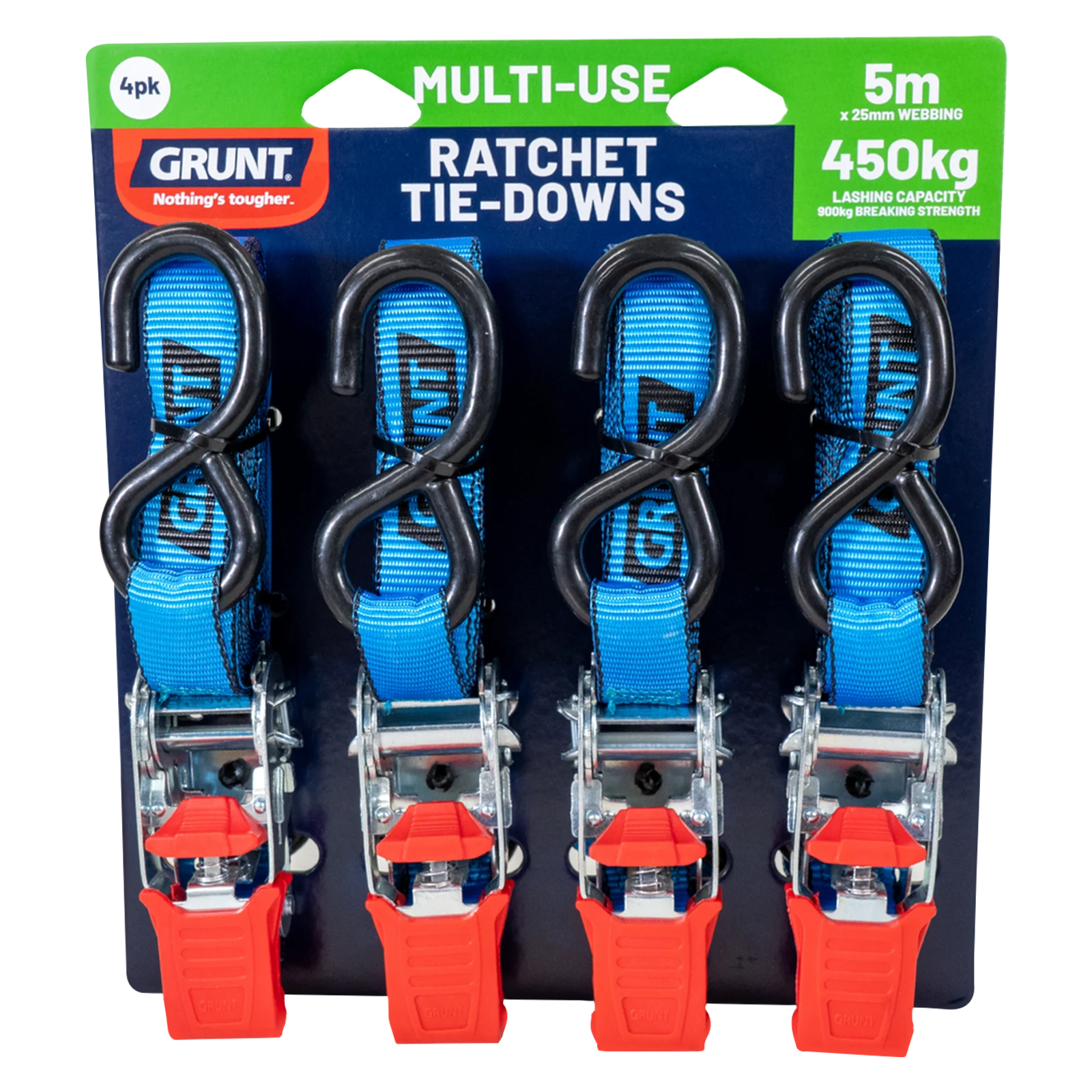 Grunt 25mm x 5m 450kg Ratchet Tie Down - 4 Pack
