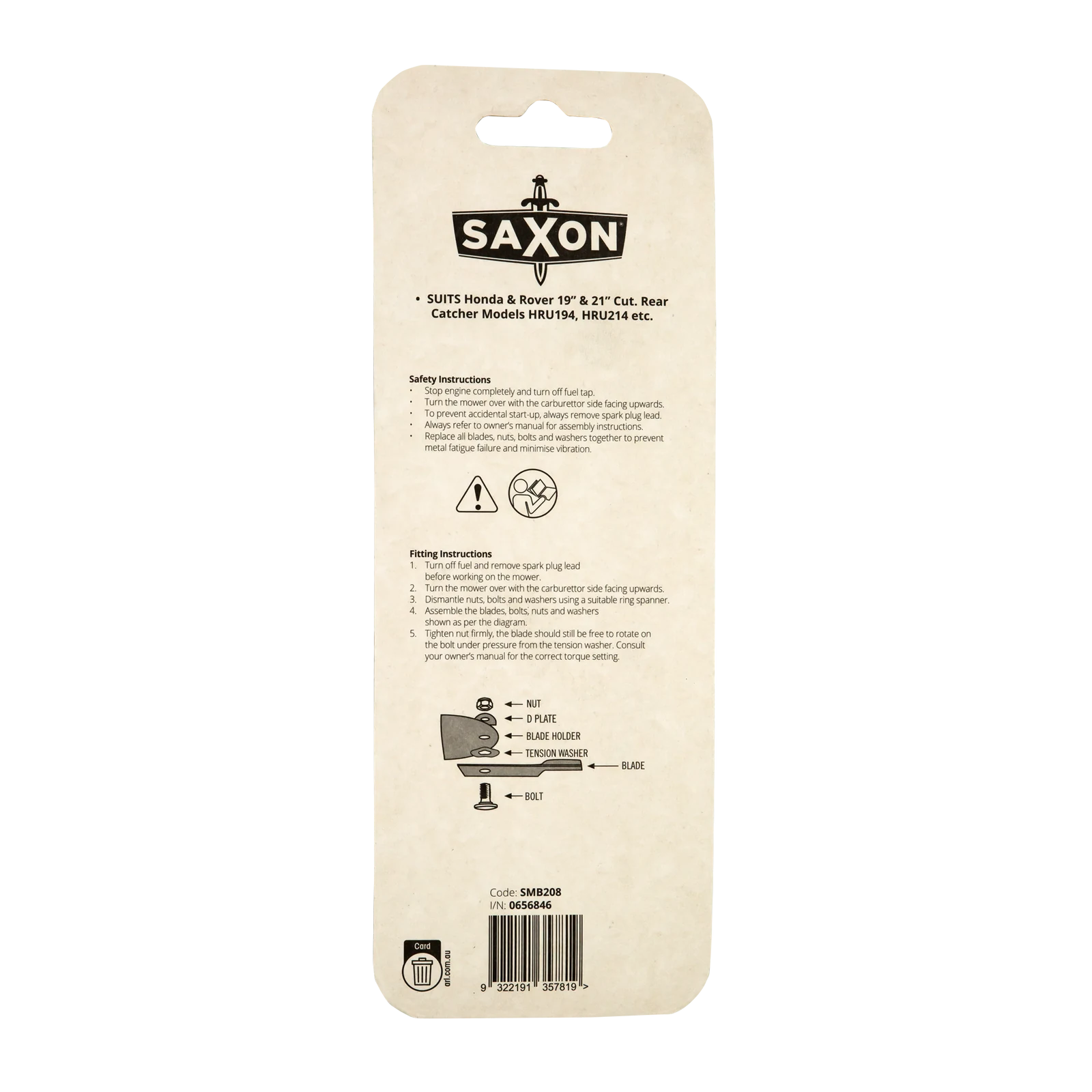 Saxon Honda & Rover 19" Mower Blade & Bolt Set, 2 Pack, 16mm Hole, Suits 18" & 21" Rear Cut & Catch