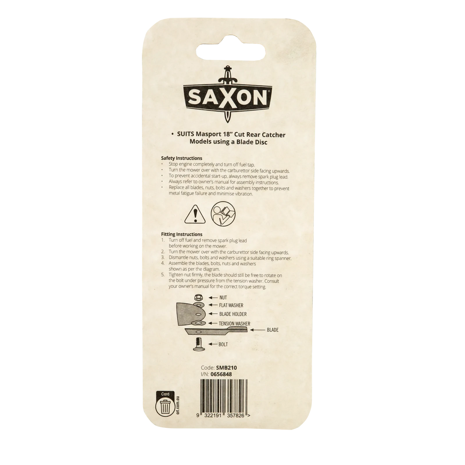 Saxon 18" Mower Blade & Bolt Set, 2 Pack, 13mm Hole, Suits Masport Quad Cut & Quick Cut