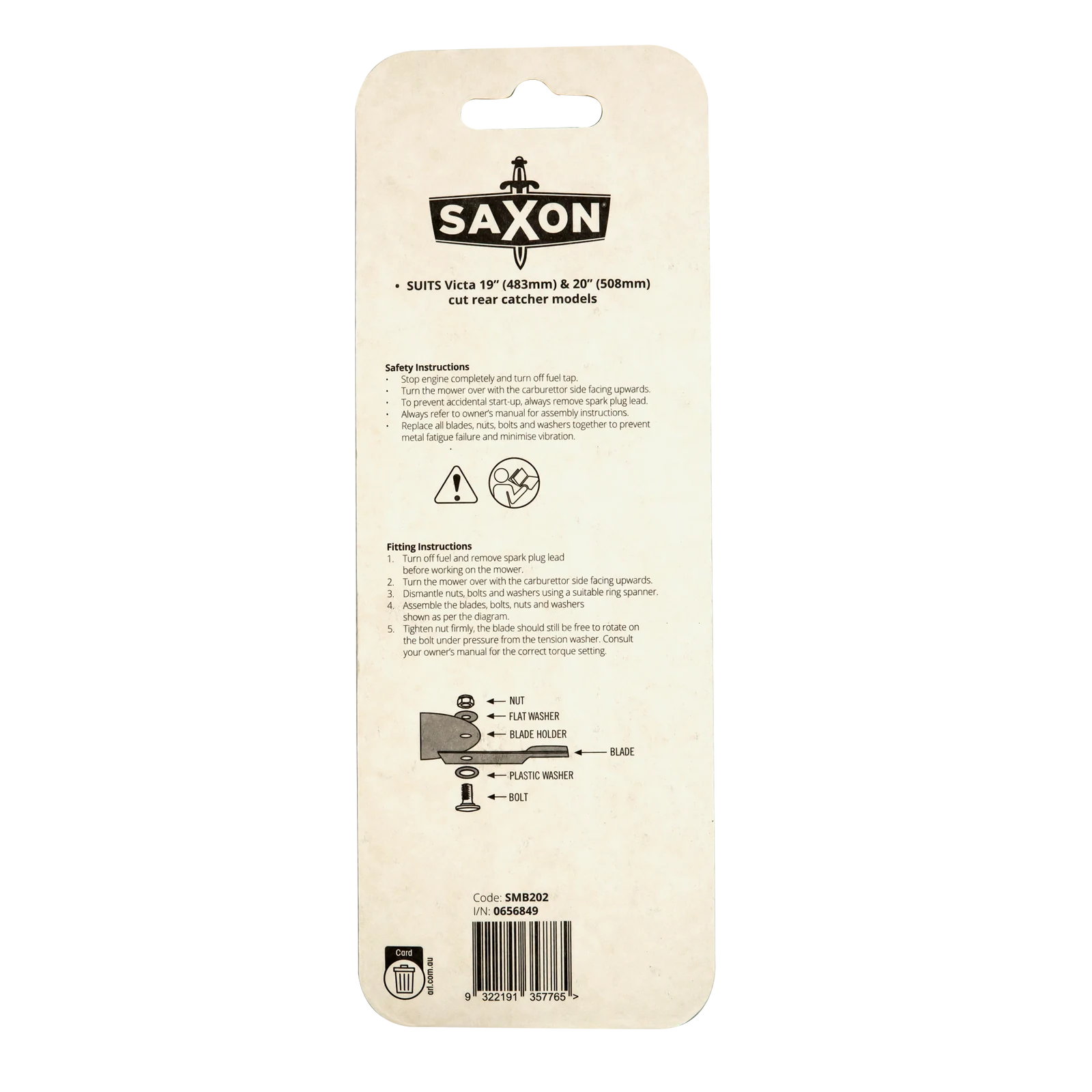 Saxon 19" Mower Blade & Bolt Set, 2 Pack, 14.28mm Hole, Suits Victa 19" & 20" Rear Catcher