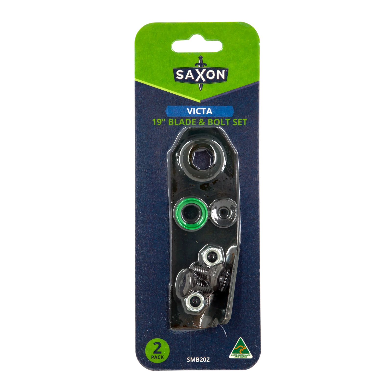 Saxon 19" Mower Blade & Bolt Set, 2 Pack, 14.28mm Hole, Suits Victa 19" & 20" Rear Catcher