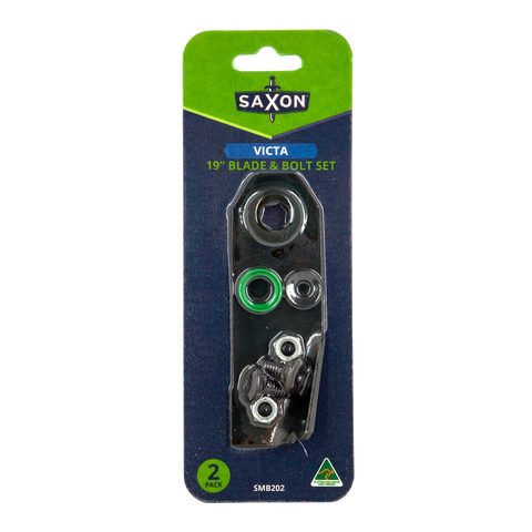 Saxon 19" Mower Blade & Bolt Set, 2 Pack, 14.28mm Hole, Suits Victa 19" & 20" Rear Catcher
