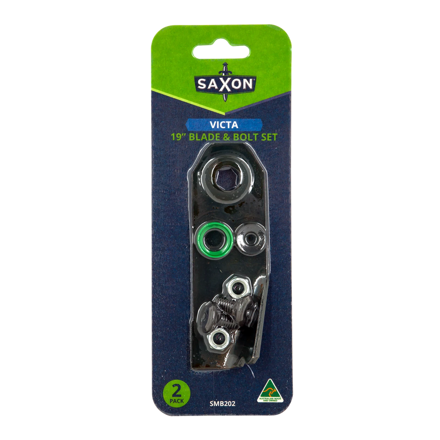 Saxon 19" Mower Blade & Bolt Set, 2 Pack, 14.28mm Hole, Suits Victa 19" & 20" Rear Catcher