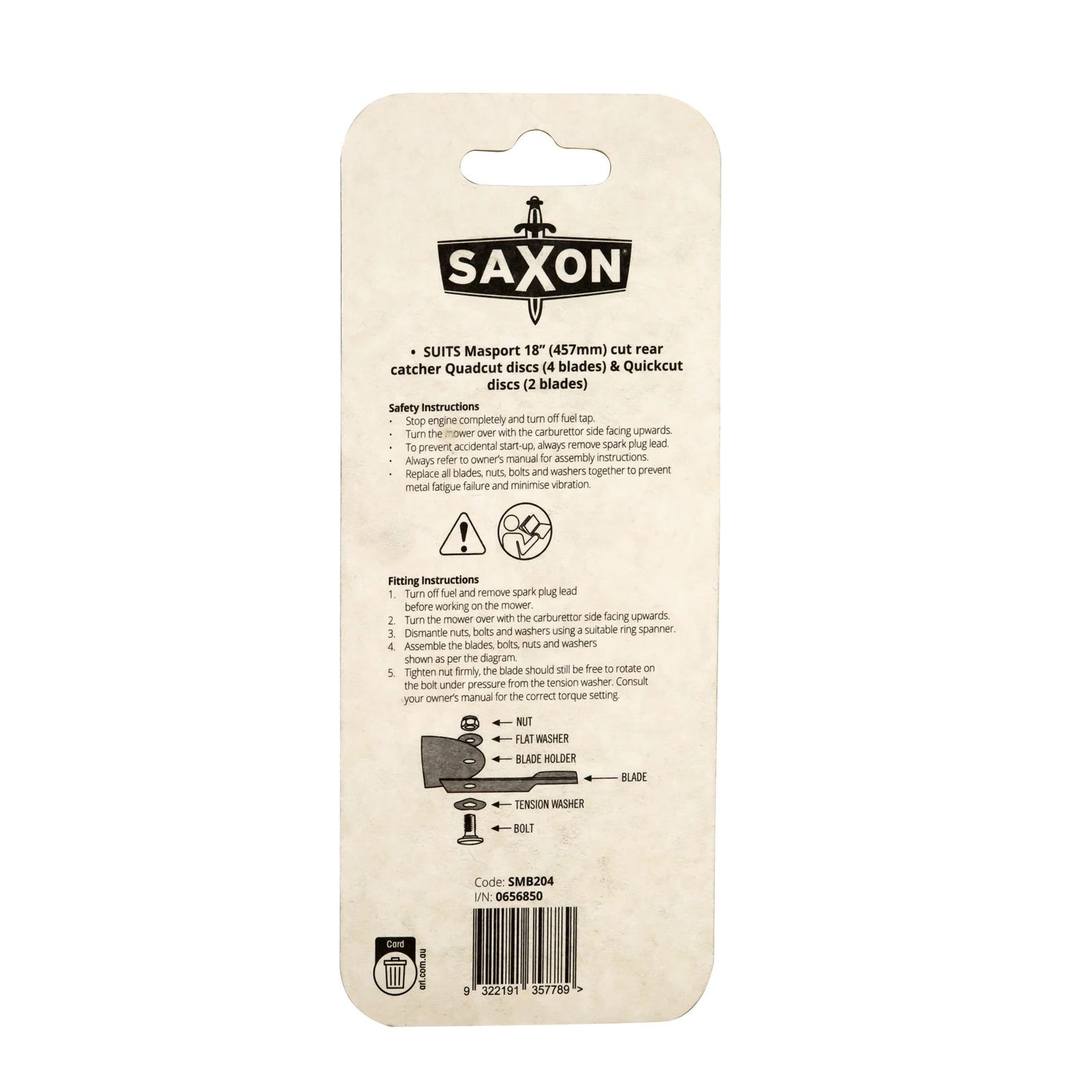 Saxon 18" Mower Blade & Bolt Set, 2 Pack, 12.7mm Hole, Suits Masport 18" Quadcut & Quickcut
