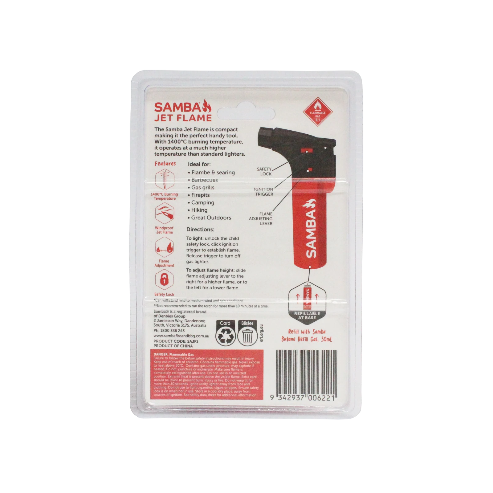 Samba Jet Flame Refillable Windproof Lighter with Adjustable Flame